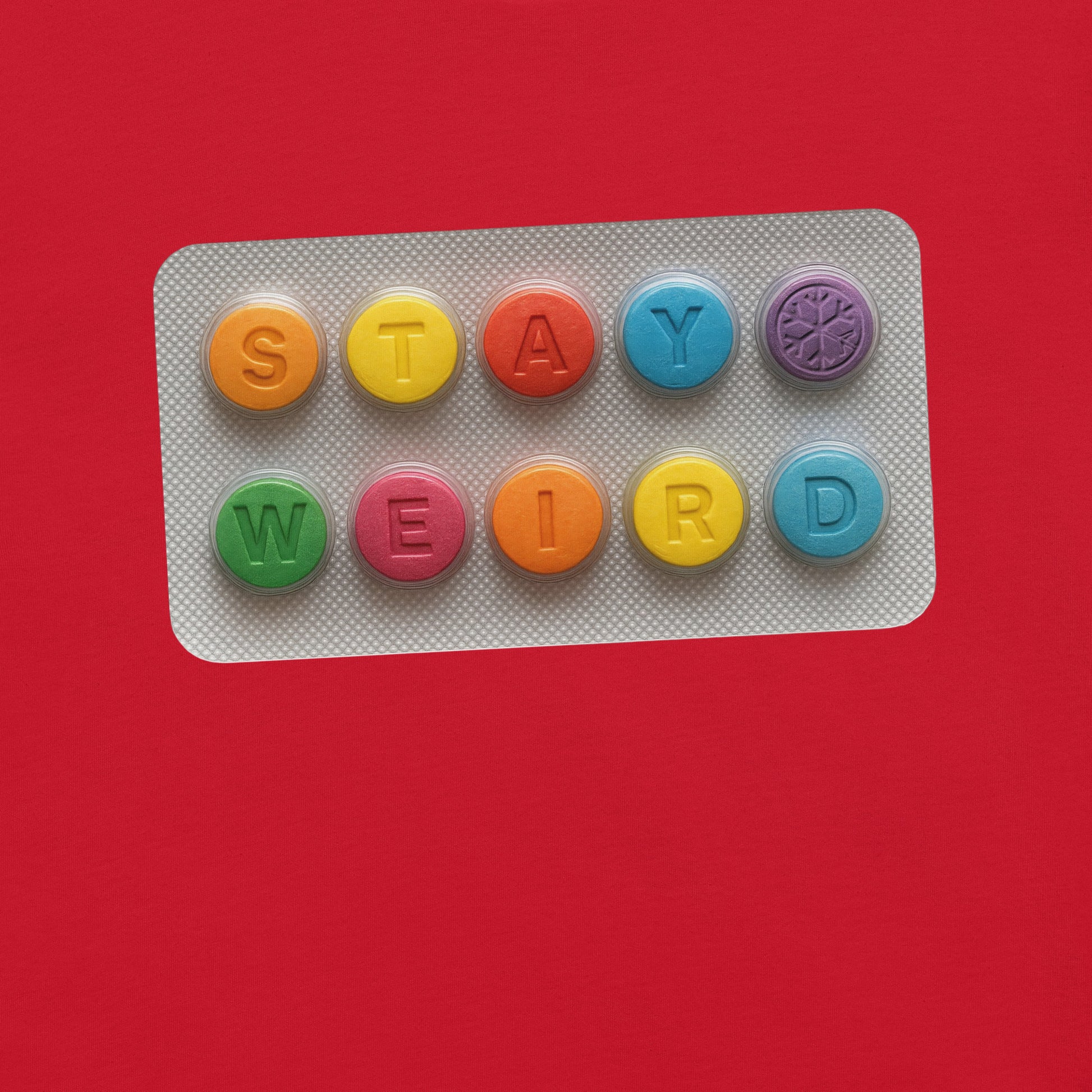 Red-Stay Weird Pills Tee from B.Different Clothing, graphic, graffiti-inspired streetwear t-shirt