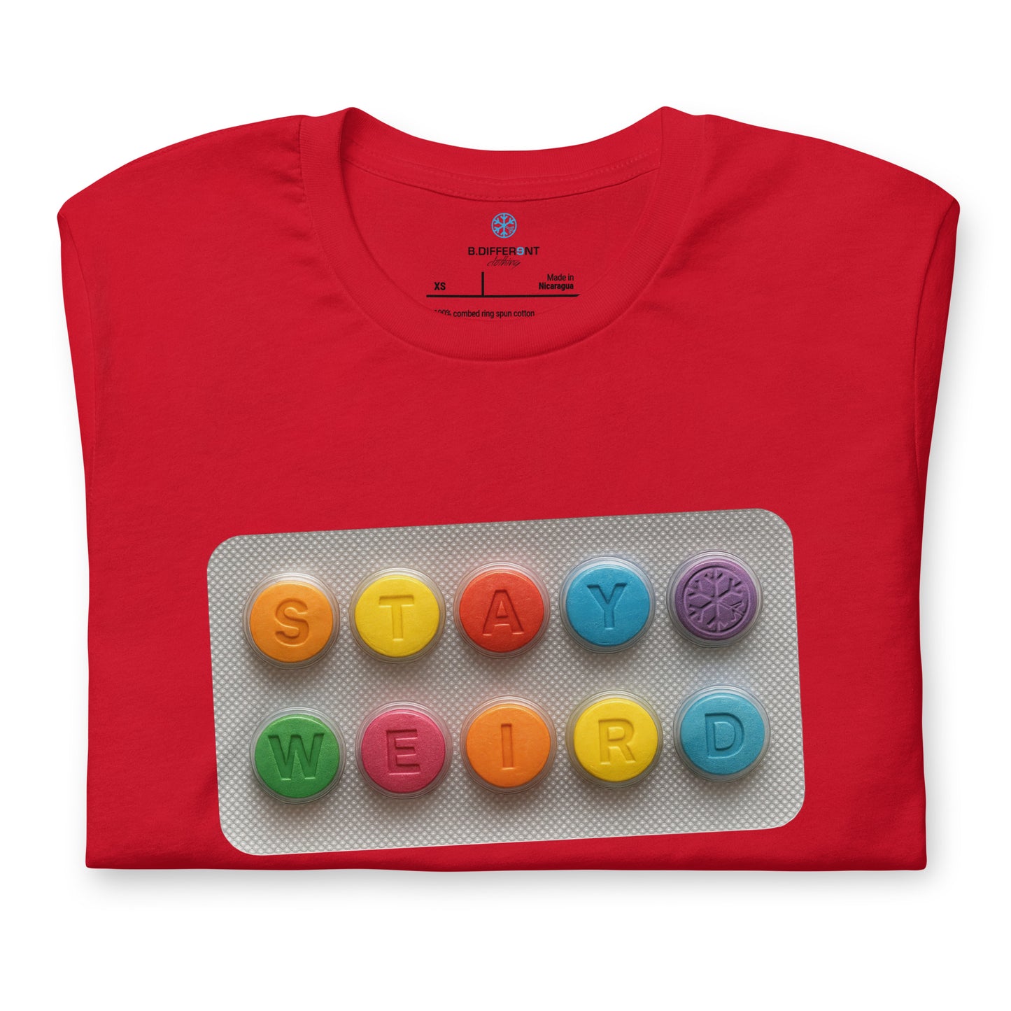 Red-Stay Weird Pills Tee from B.Different Clothing, folded, graffiti-inspired streetwear t-shirt