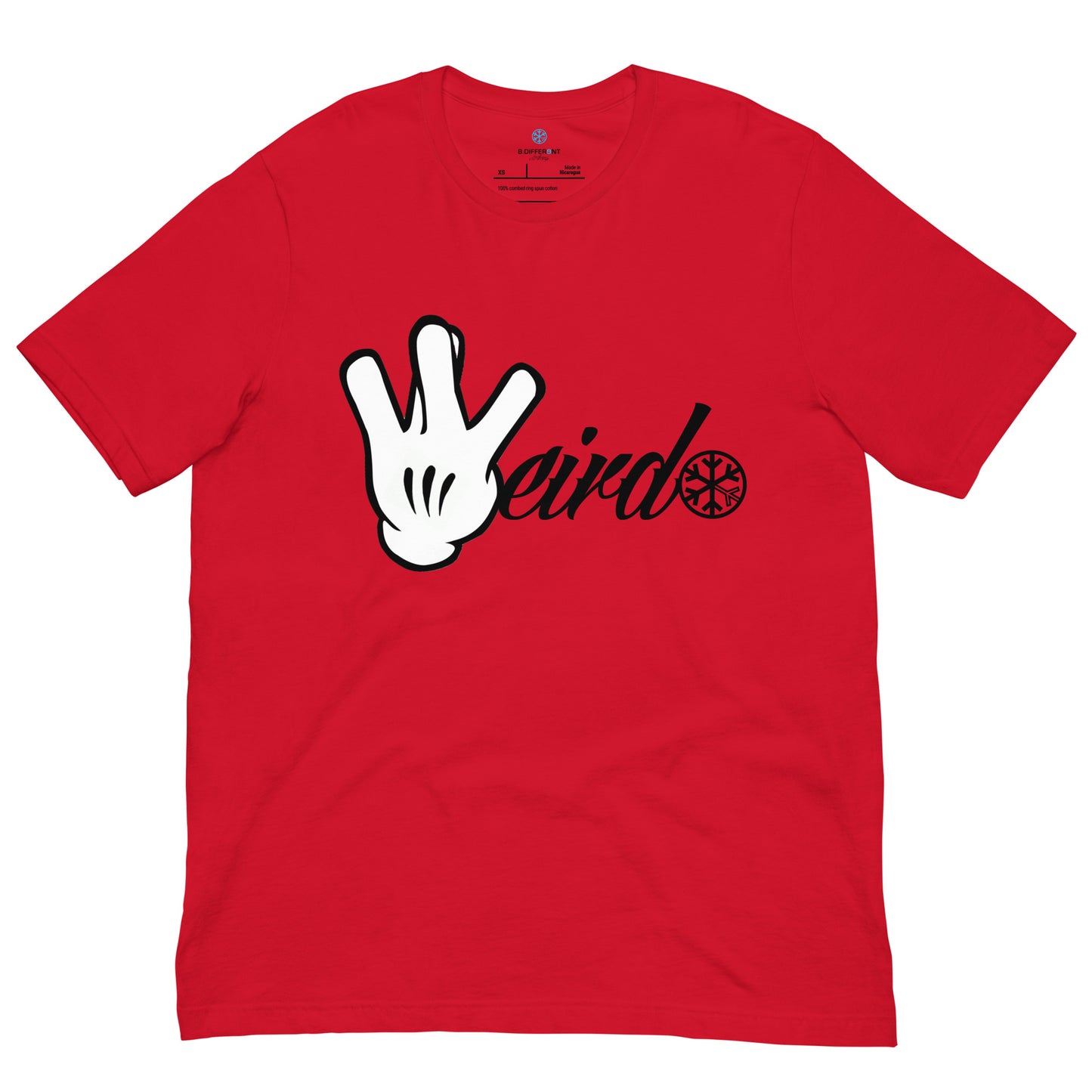 Red-Weirdo Hand Sign Tee from B.Different Clothing, front view, graffiti-inspired streetwear t-shirt