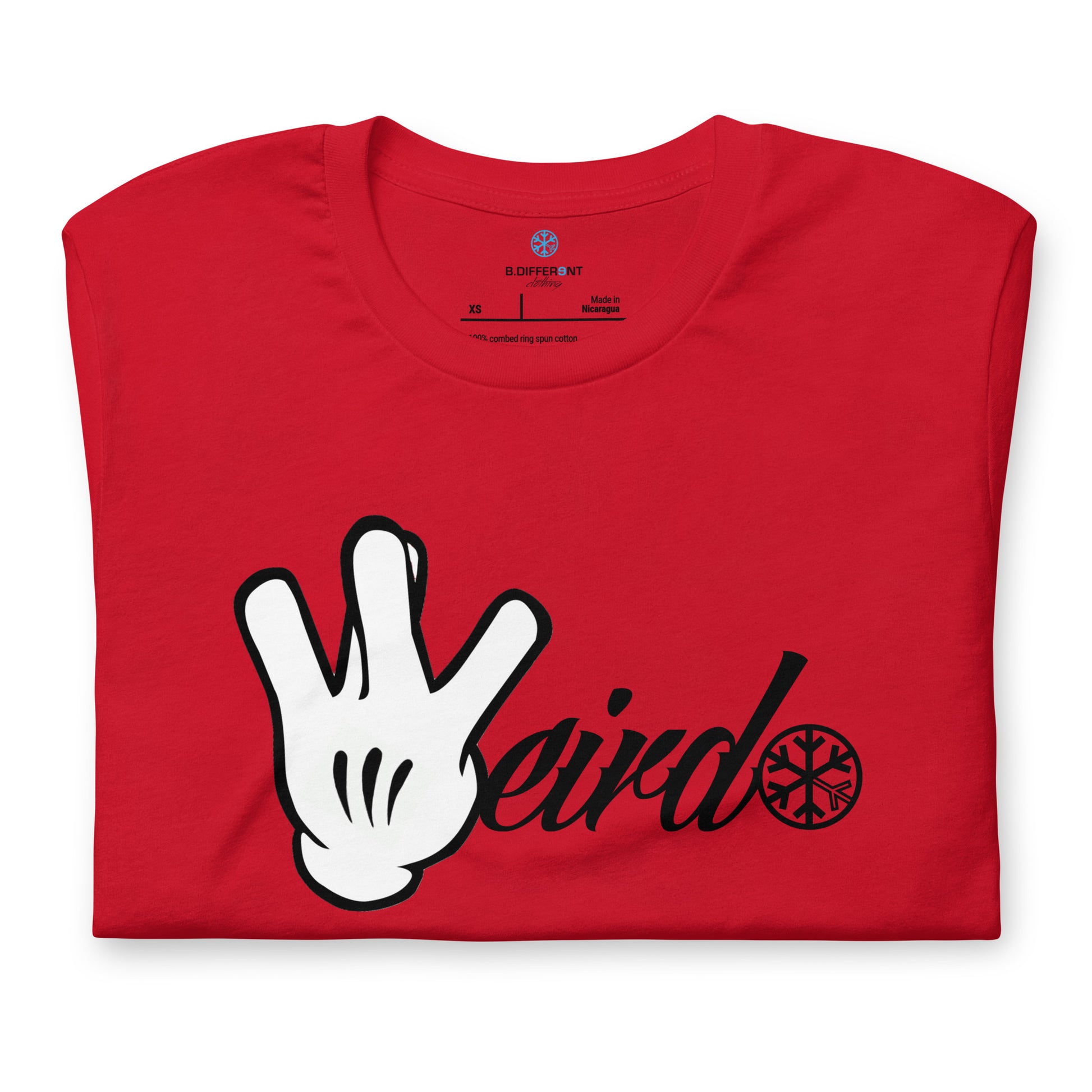 Red-Weirdo Hand Sign Tee from B.Different Clothing, folded, graffiti-inspired streetwear t-shirt