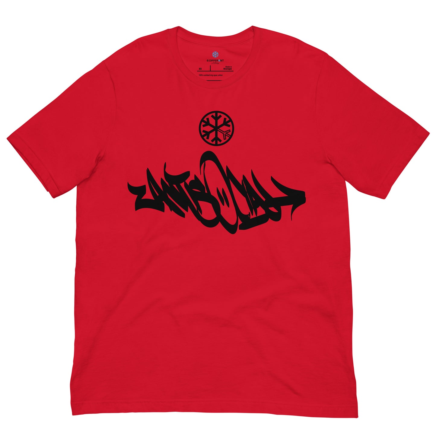 Red-Antisocial Graffiti Tag Tee from B.Different Clothing, front view, graffiti-inspired streetwear t-shirt