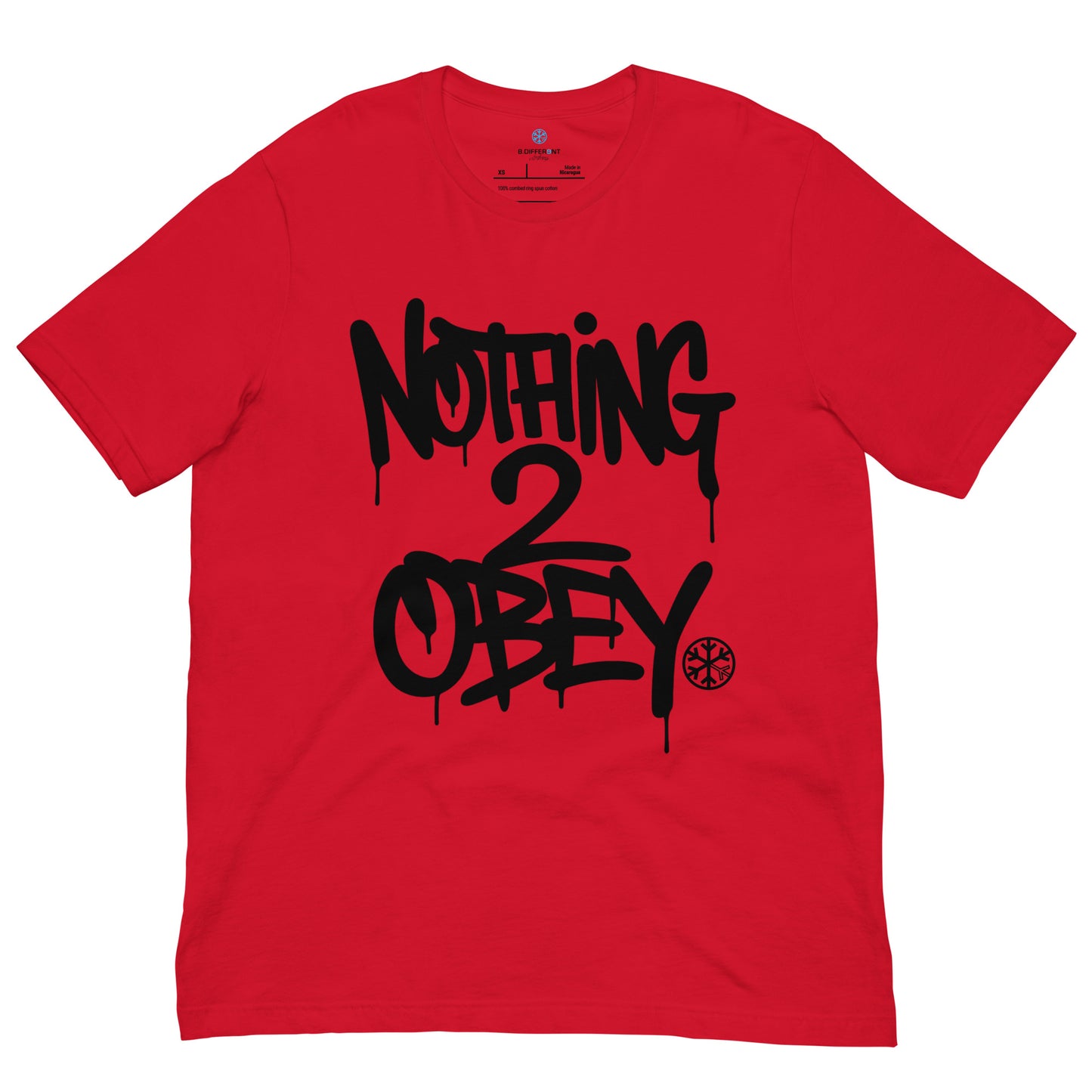 Red-Nothing 2 Obey Graffiti Tee from B.Different Clothing, front view, graffiti-inspired streetwear t-shirt
