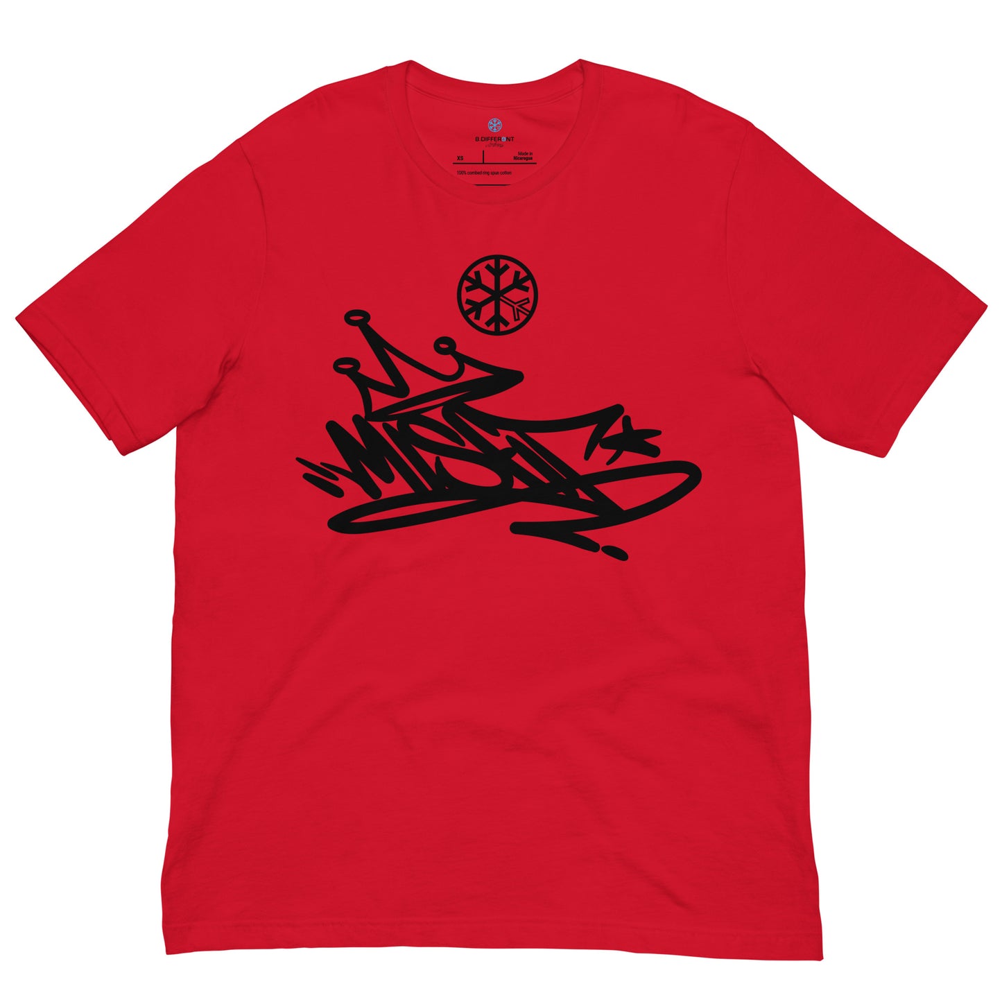 Red-Misfit Graffiti Tag Tee from B.Different Clothing, front view, graffiti-inspired streetwear t-shirt
