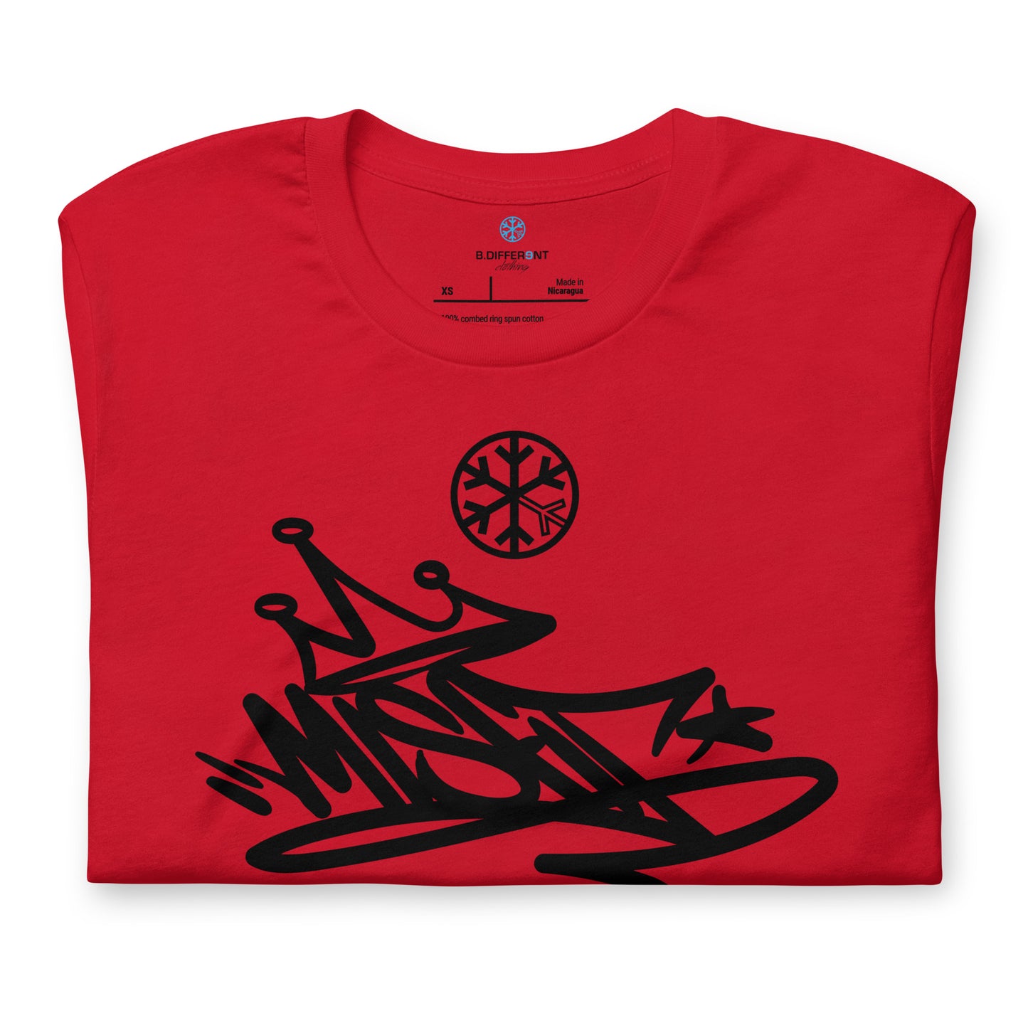 Red-Misfit Graffiti Tag Tee from B.Different Clothing, folded, graffiti-inspired streetwear t-shirt