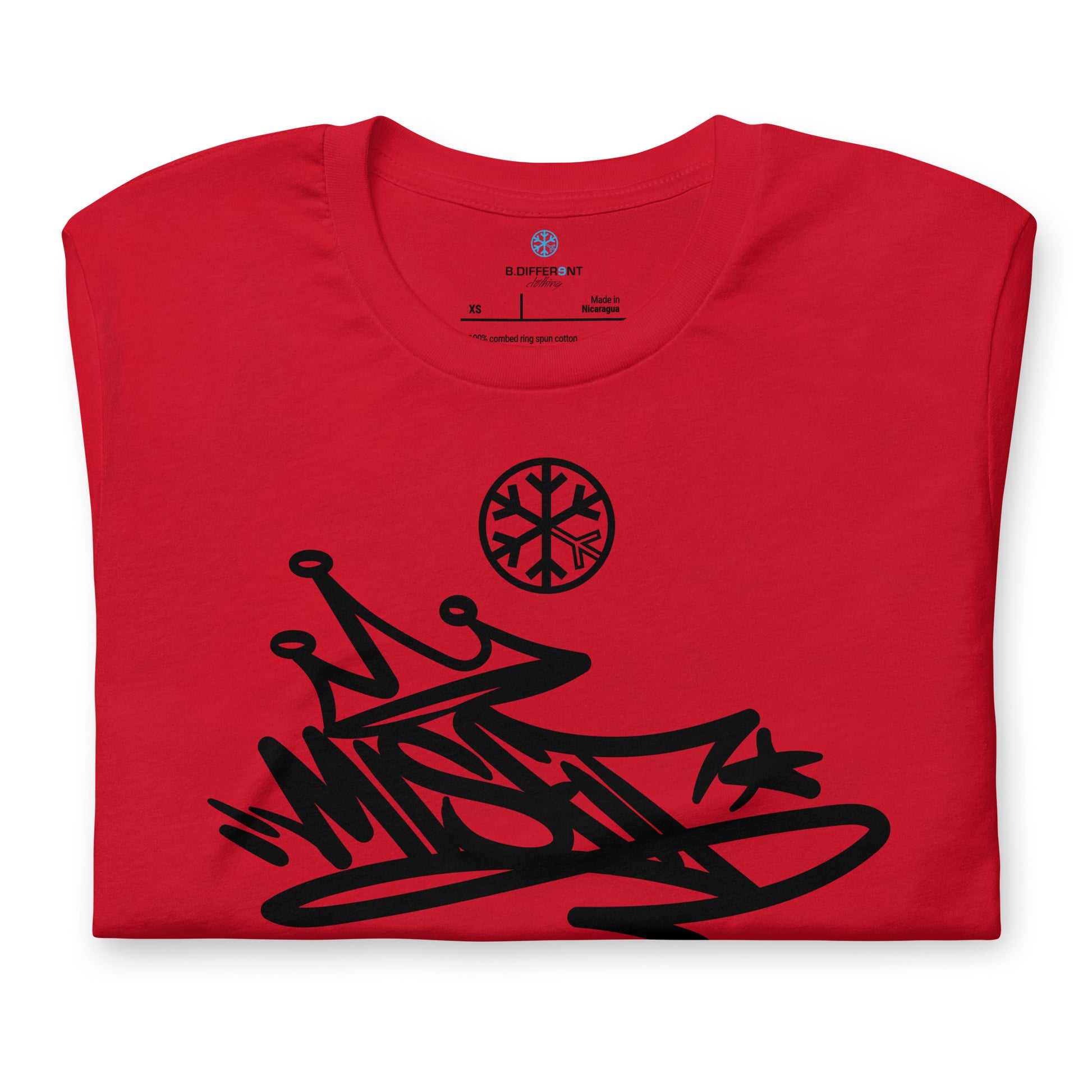 Red-Misfit Graffiti Tag Tee from B.Different Clothing, folded, graffiti-inspired streetwear t-shirt