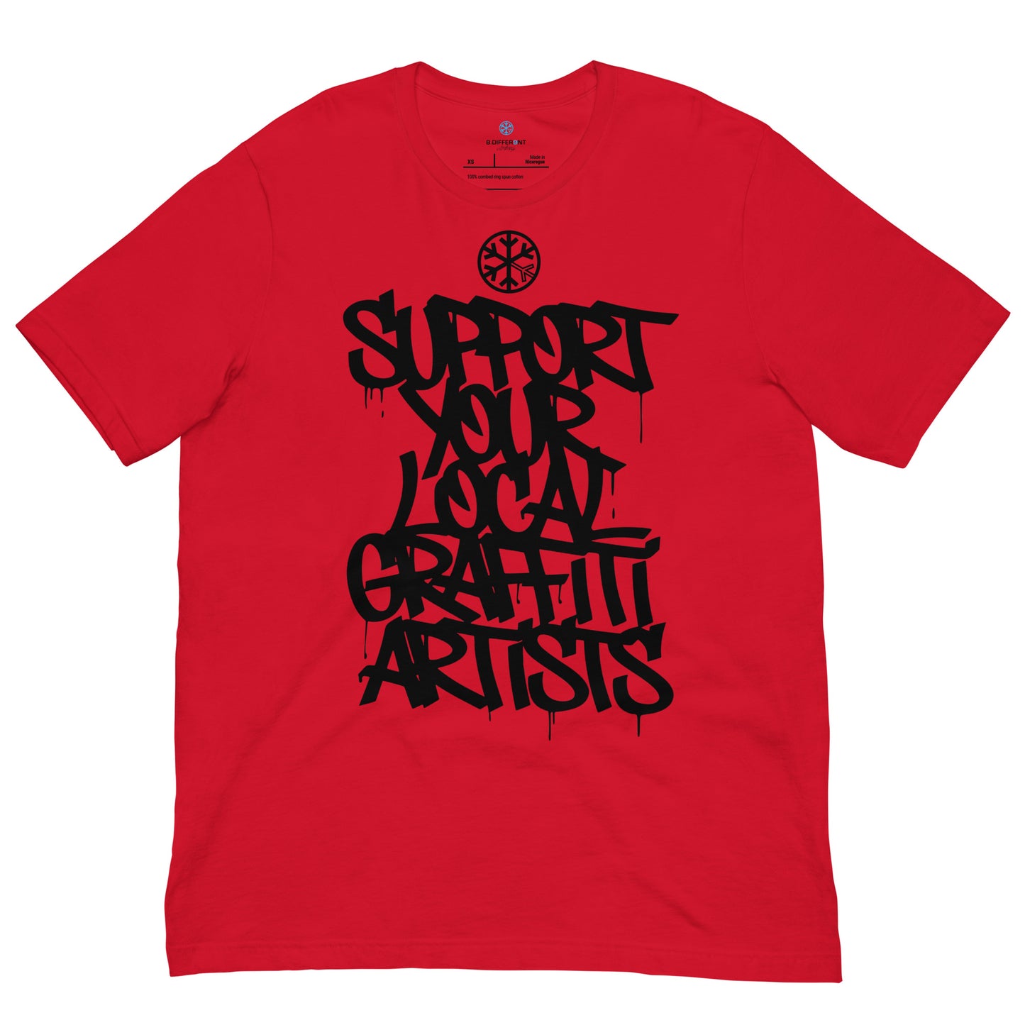Red-Support Your Local Graffiti Artists Tee from B.Different Clothing, front view, graffiti-inspired streetwear t-shirt
