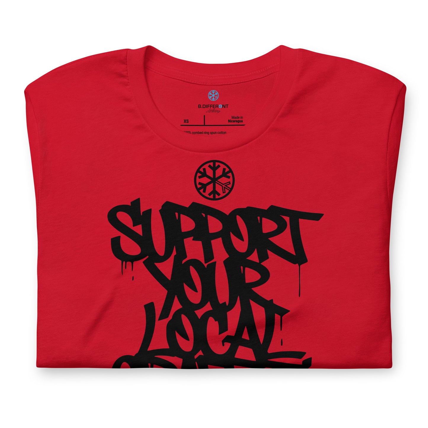 Red-Support Your Local Graffiti Artists Tee from B.Different Clothing, folded, graffiti-inspired streetwear t-shirt