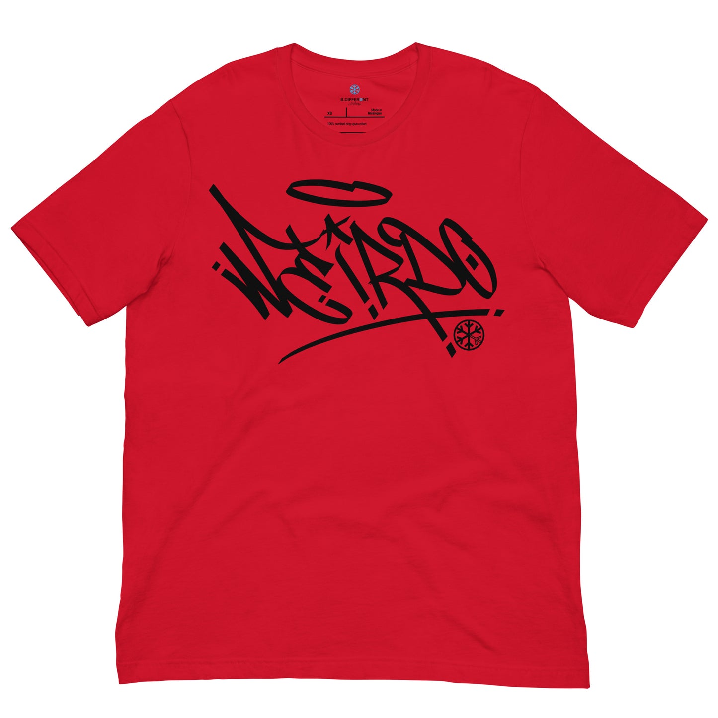 Red-Weirdo Tag Graffiti Tee from B.Different Clothing, front view, graffiti-inspired streetwear t-shirt