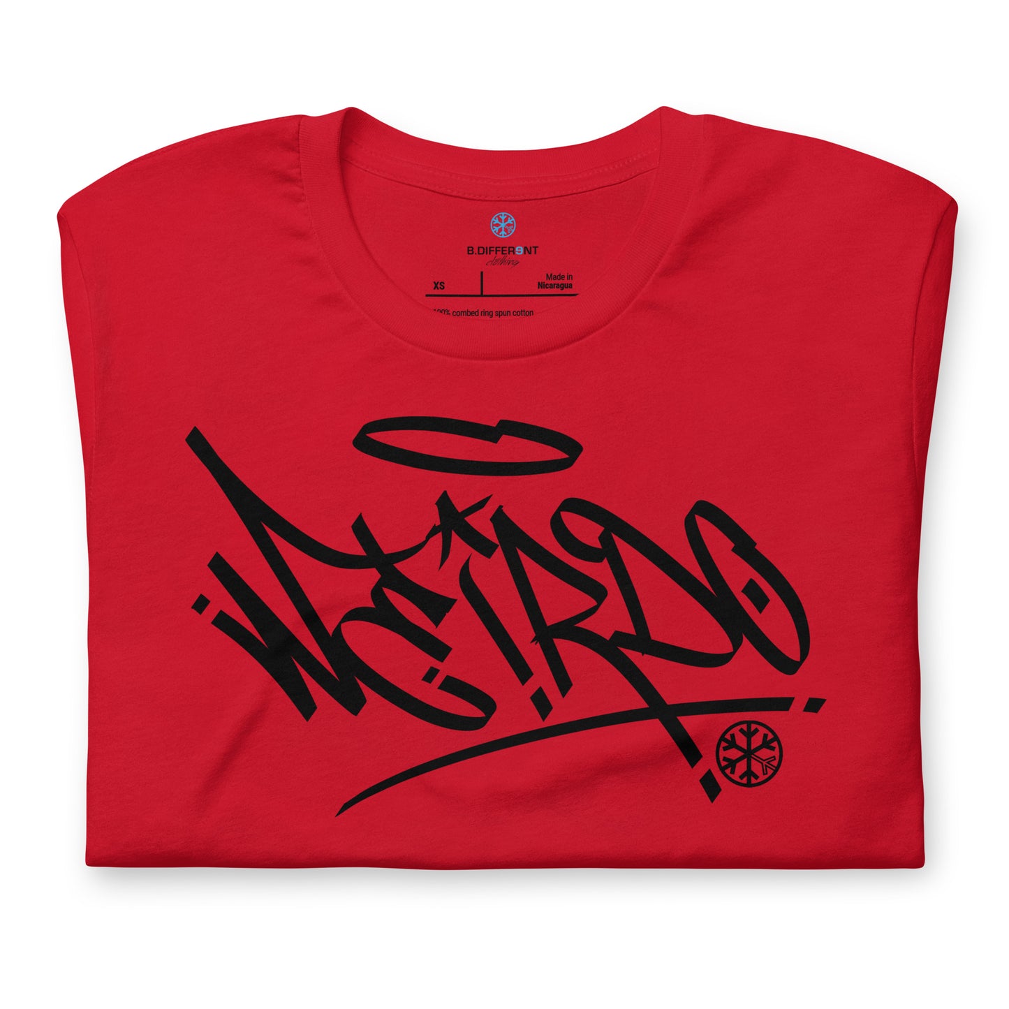 Red-Weirdo Tag Graffiti Tee from B.Different Clothing, folded, graffiti-inspired streetwear t-shirt