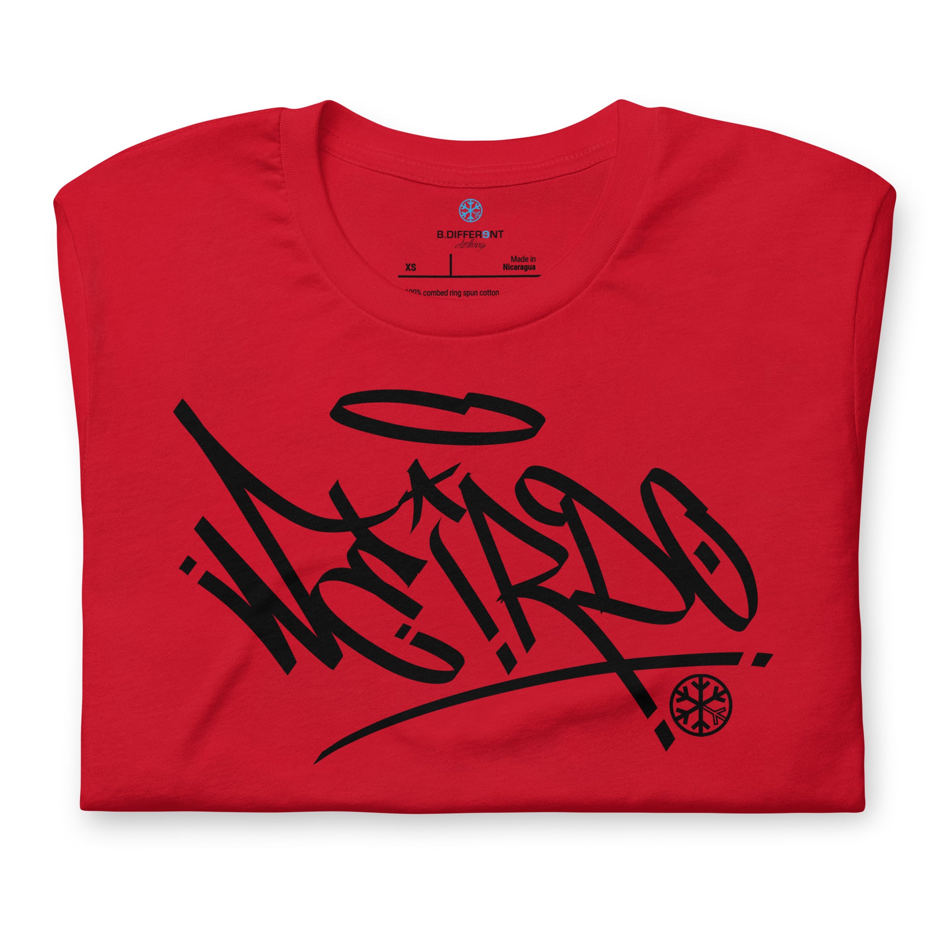 Red-Weirdo Tag Graffiti Tee from B.Different Clothing, folded, graffiti-inspired streetwear t-shirt