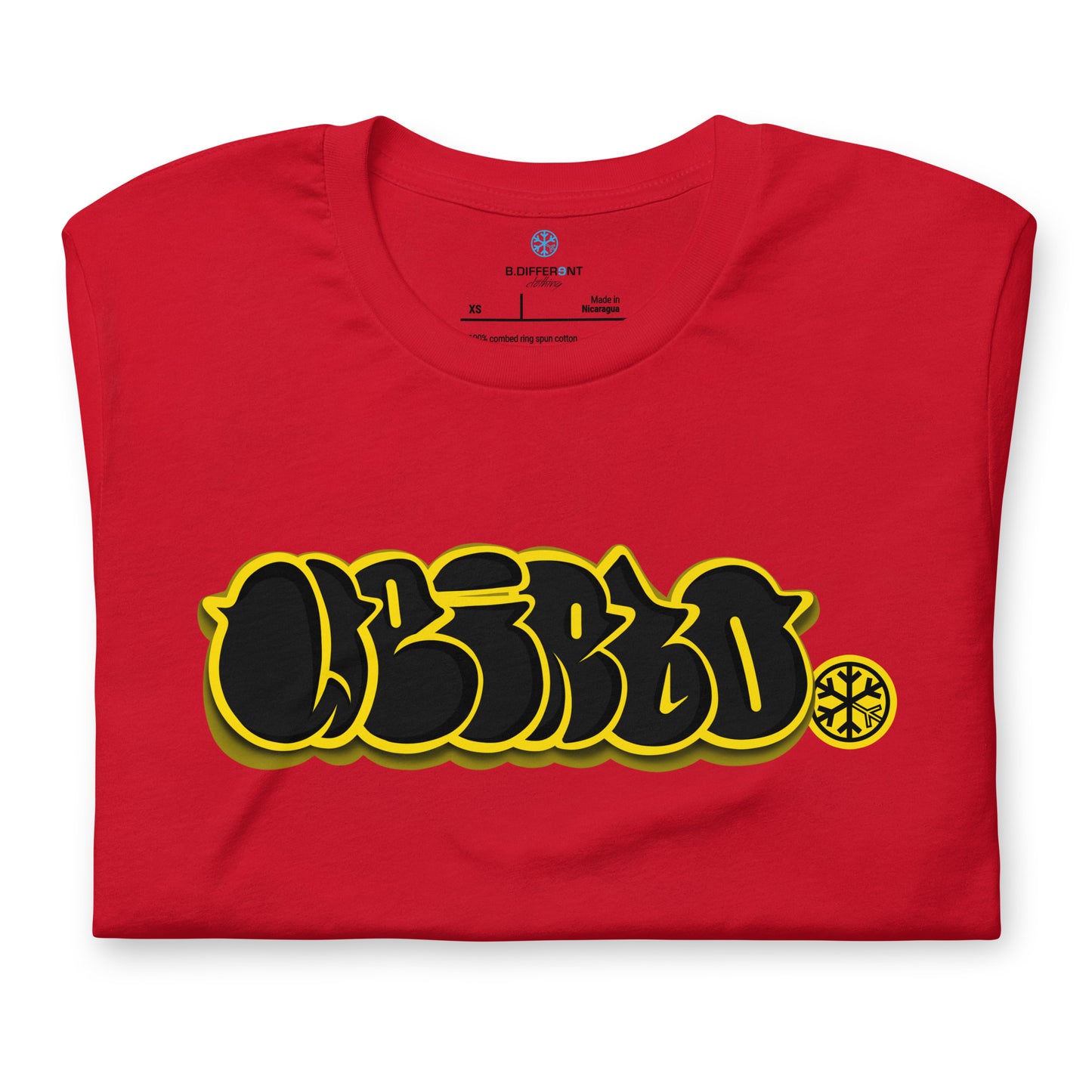 Red-Weirdo Graffiti Throwie Tee from B.Different Clothing, folded, graffiti-inspired streetwear t-shirt