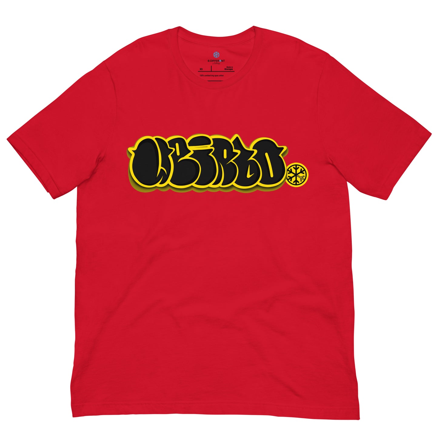Red-Weirdo Graffiti Throwie Tee from B.Different Clothing, front view, graffiti-inspired streetwear t-shirt