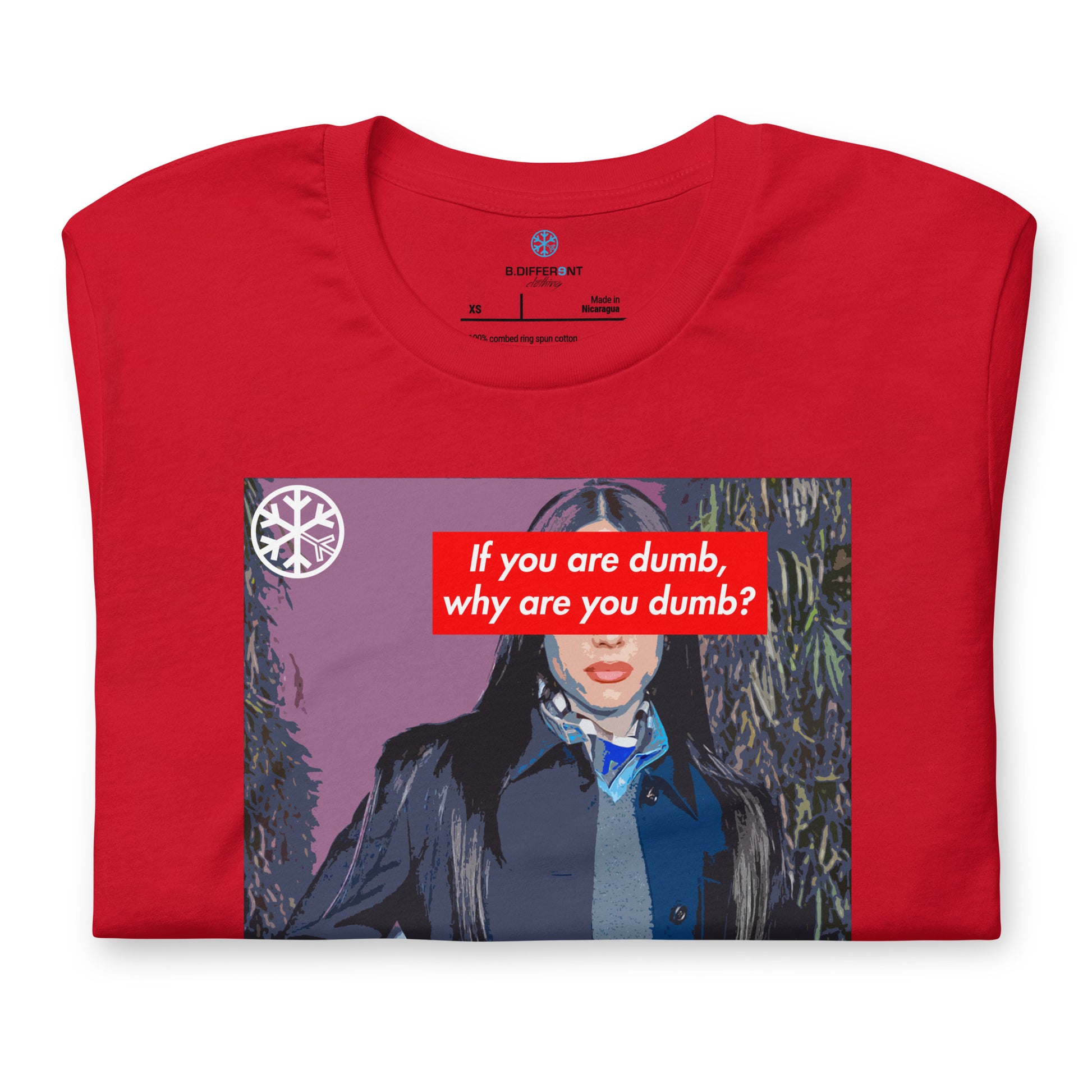 Red-Why Are You Dumb Tee from B.Different Clothing, folded, graffiti-inspired streetwear t-shirt