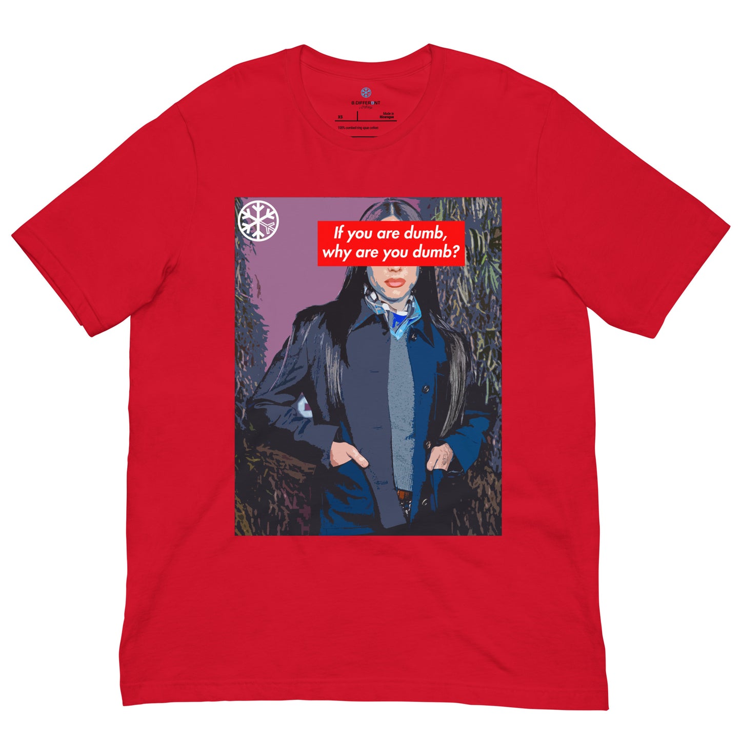 Red-Why Are You Dumb Tee from B.Different Clothing, front view, graffiti-inspired streetwear t-shirt