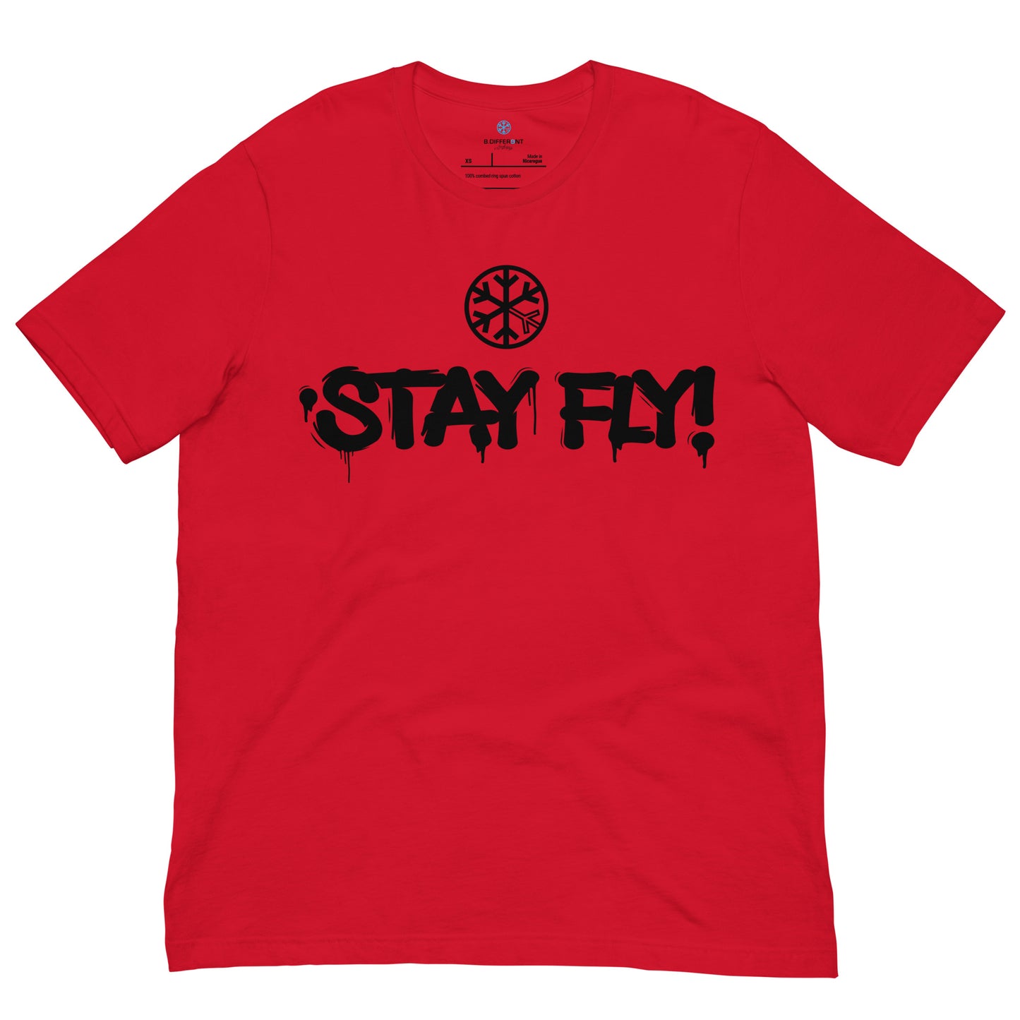 Red-Stay Fly Graffiti Tag Tee from B.Different Clothing, front view, graffiti-inspired streetwear t-shirt
