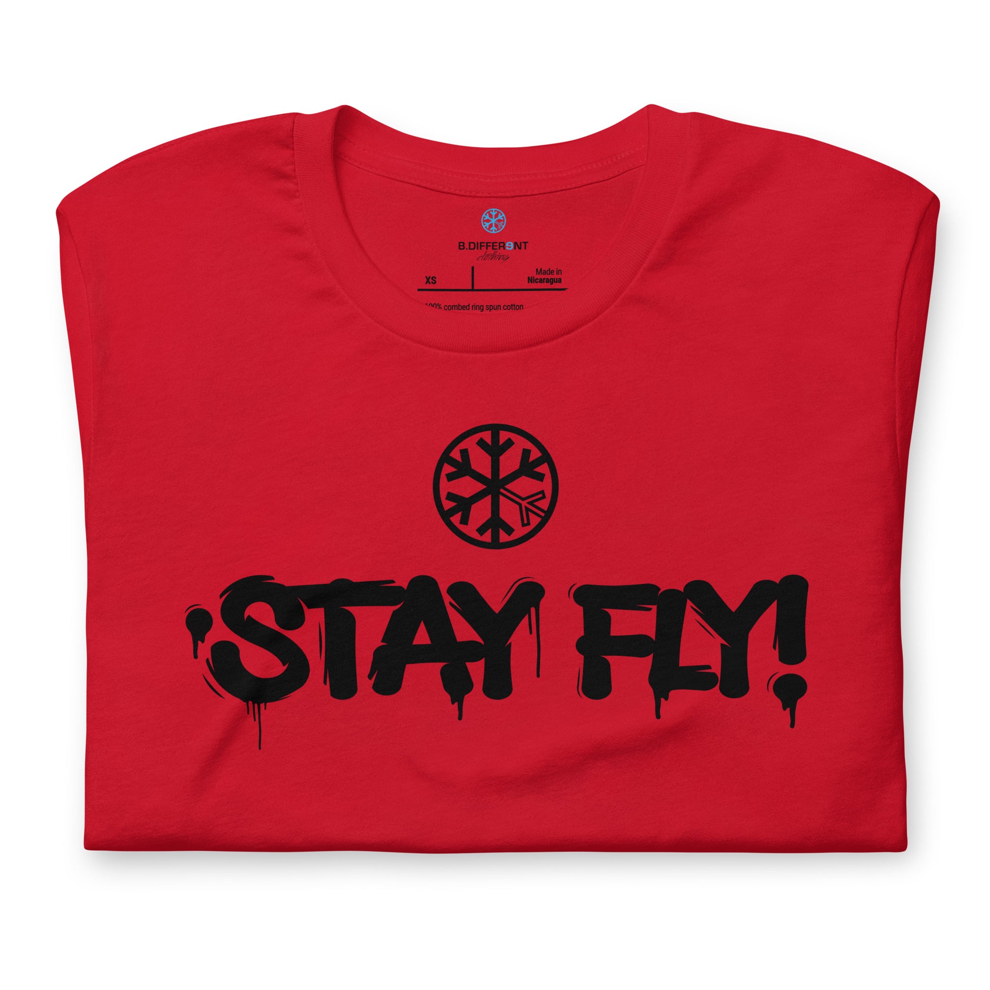 Red-Stay Fly Graffiti Tag Tee from B.Different Clothing, folded, graffiti-inspired streetwear t-shirt