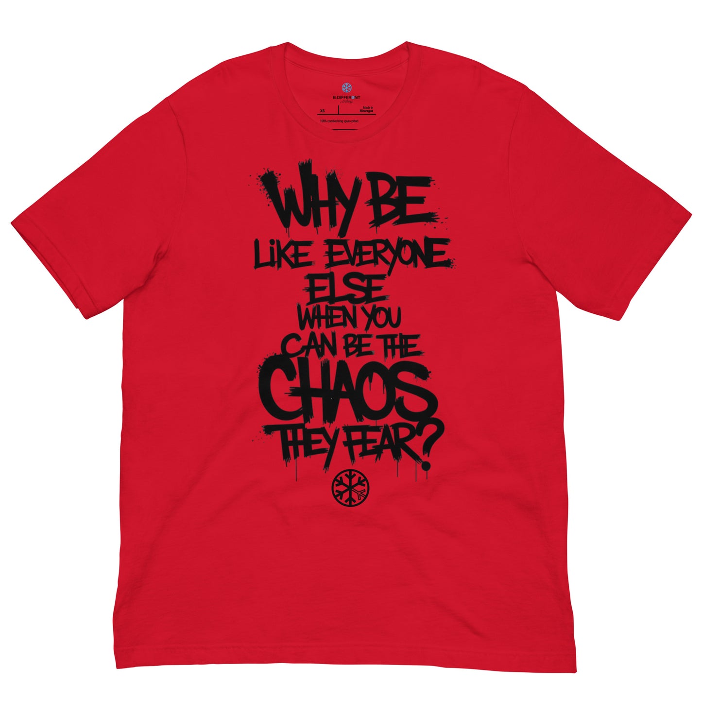 Red-Chaos They Fear Graffiti Tag Tee from B.Different Clothing, front view, graffiti-inspired streetwear t-shirt