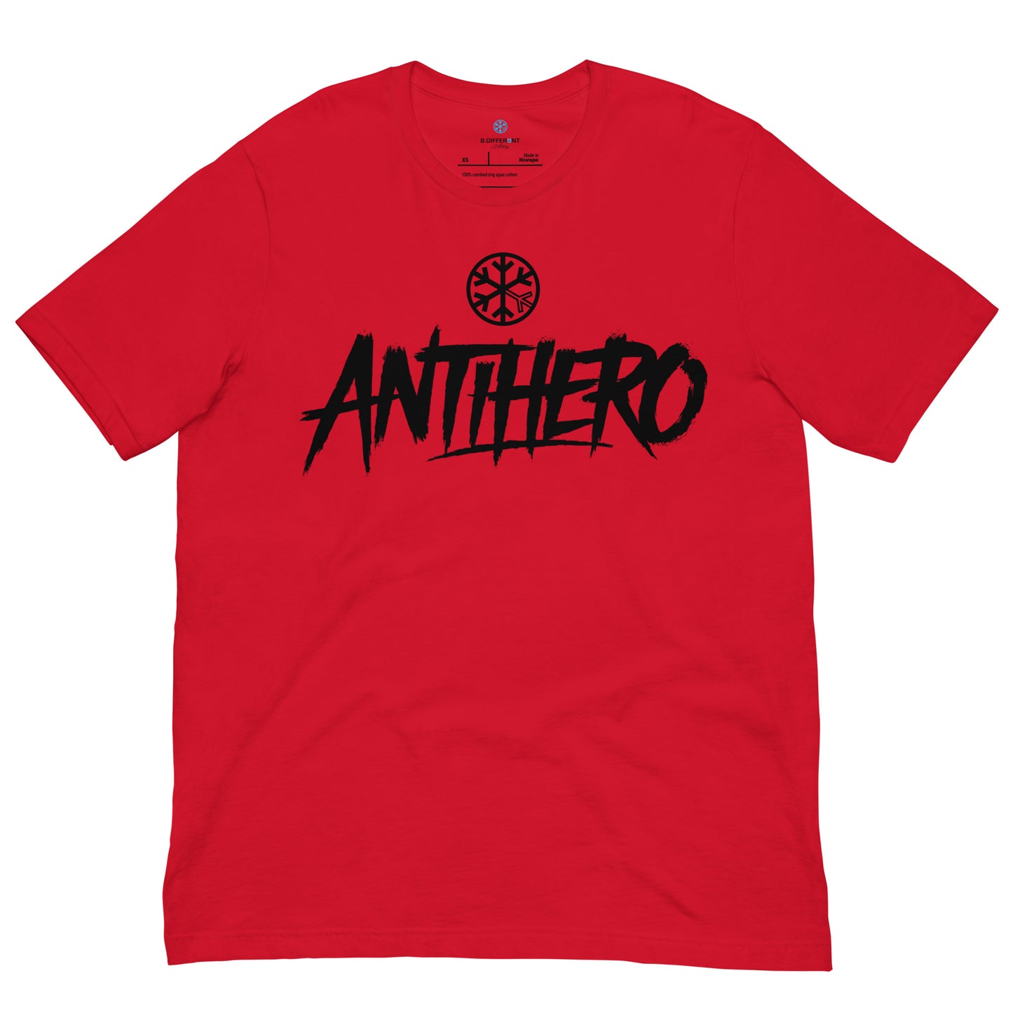 Red-Antihero Graffiti Tag Tee from B.Different Clothing, front view, graffiti-inspired streetwear t-shirt