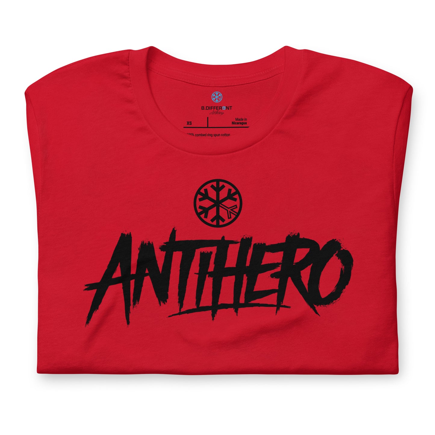 Red-Antihero Graffiti Tag Tee from B.Different Clothing, folded, graffiti-inspired streetwear t-shirt
