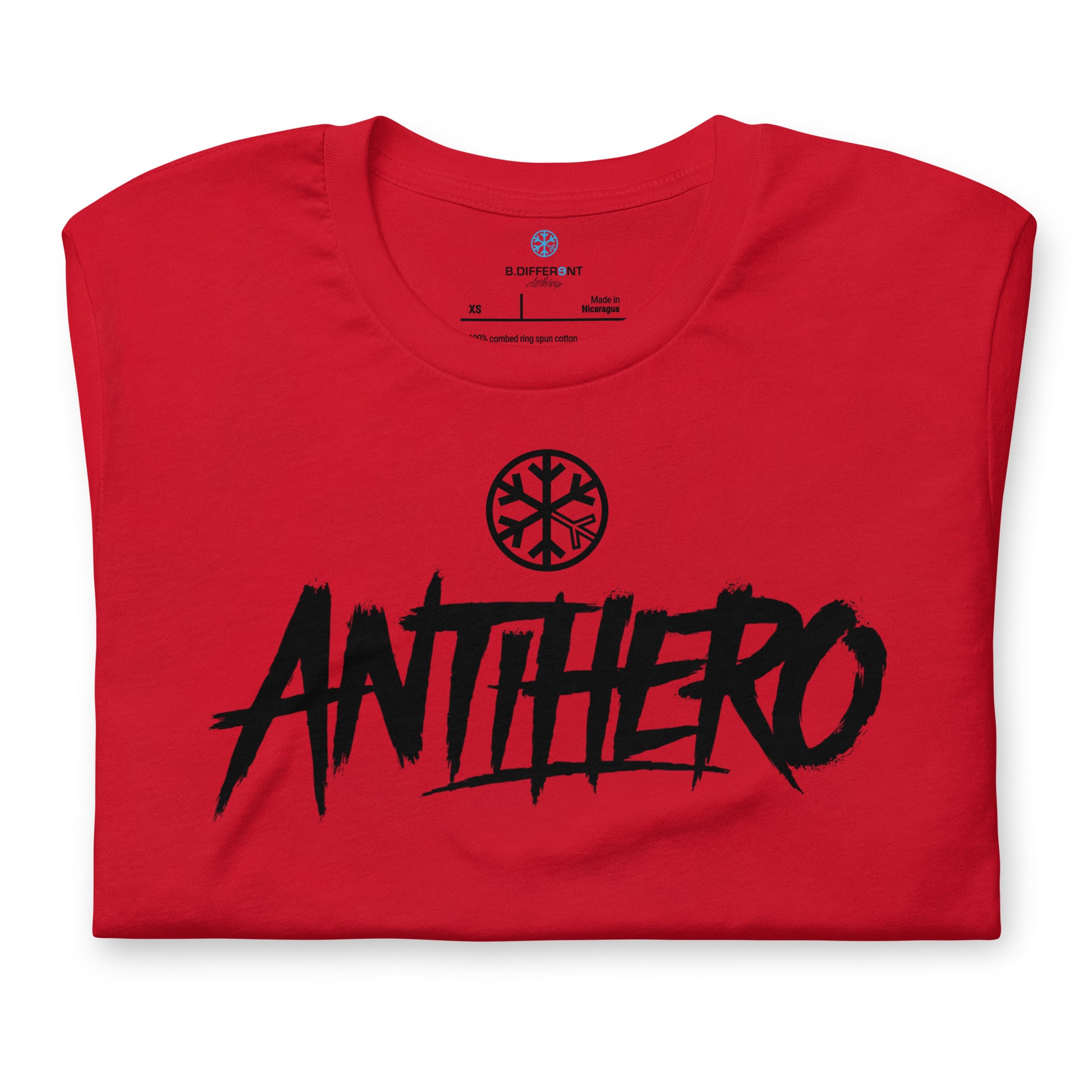 Red-Antihero Graffiti Tag Tee from B.Different Clothing, folded, graffiti-inspired streetwear t-shirt