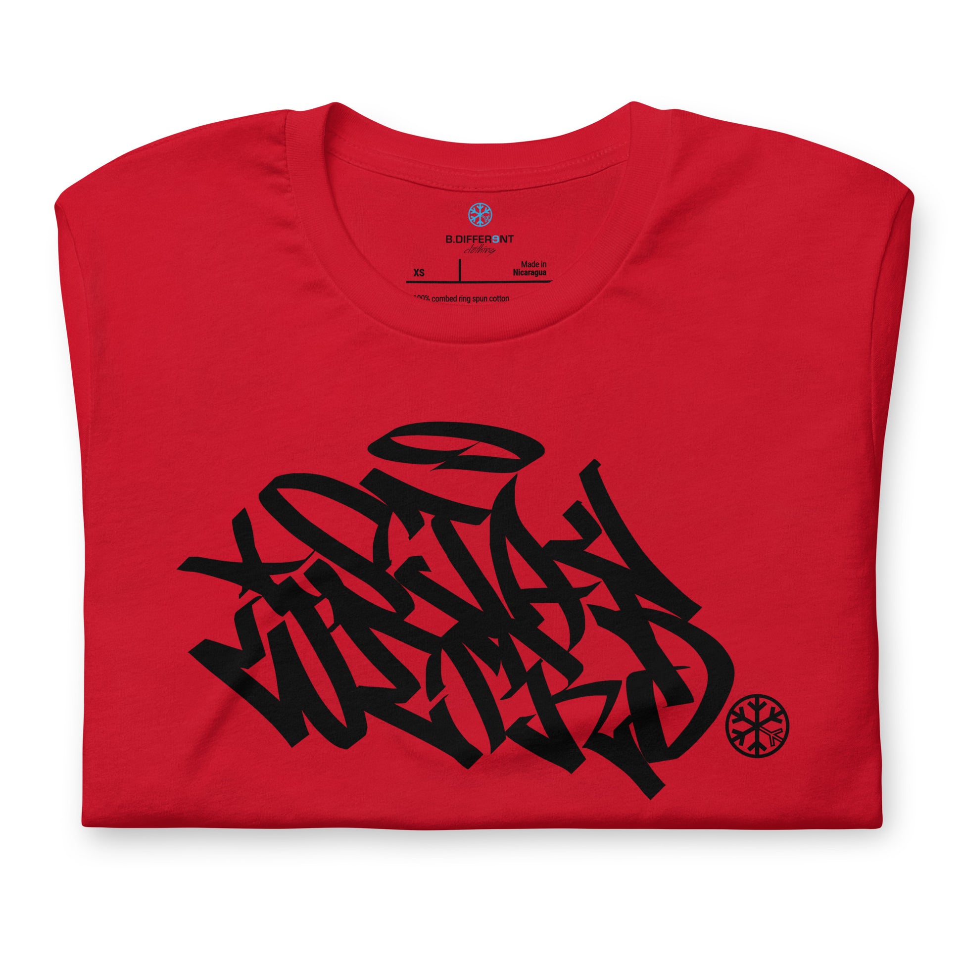 Red-Stay Weird Graffiti Tag Tee from B.Different Clothing, folded, graffiti-inspired streetwear t-shirt