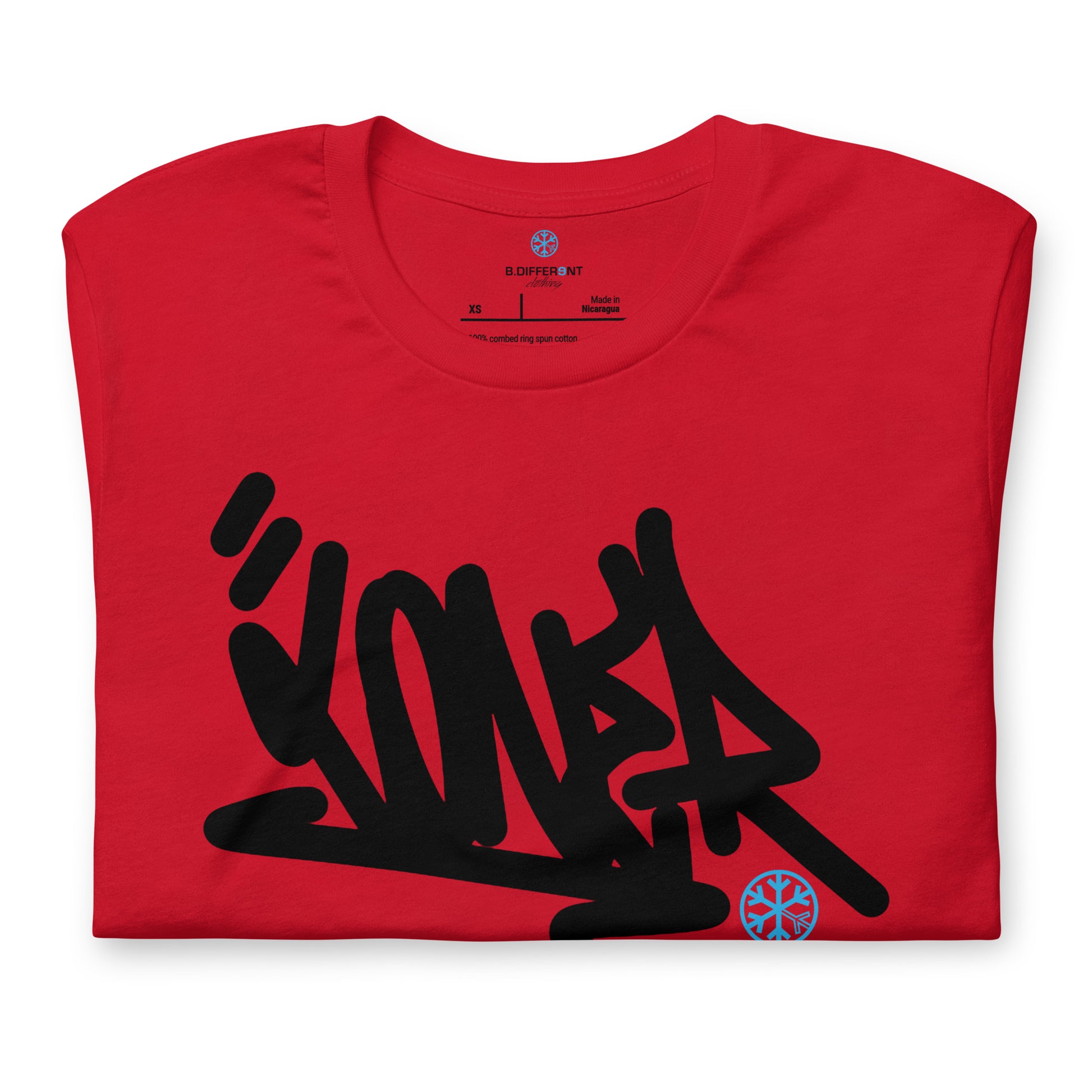 Red-Loner Graffiti Tag Tee from B.Different Clothing, folded, graffiti-inspired streetwear t-shirt