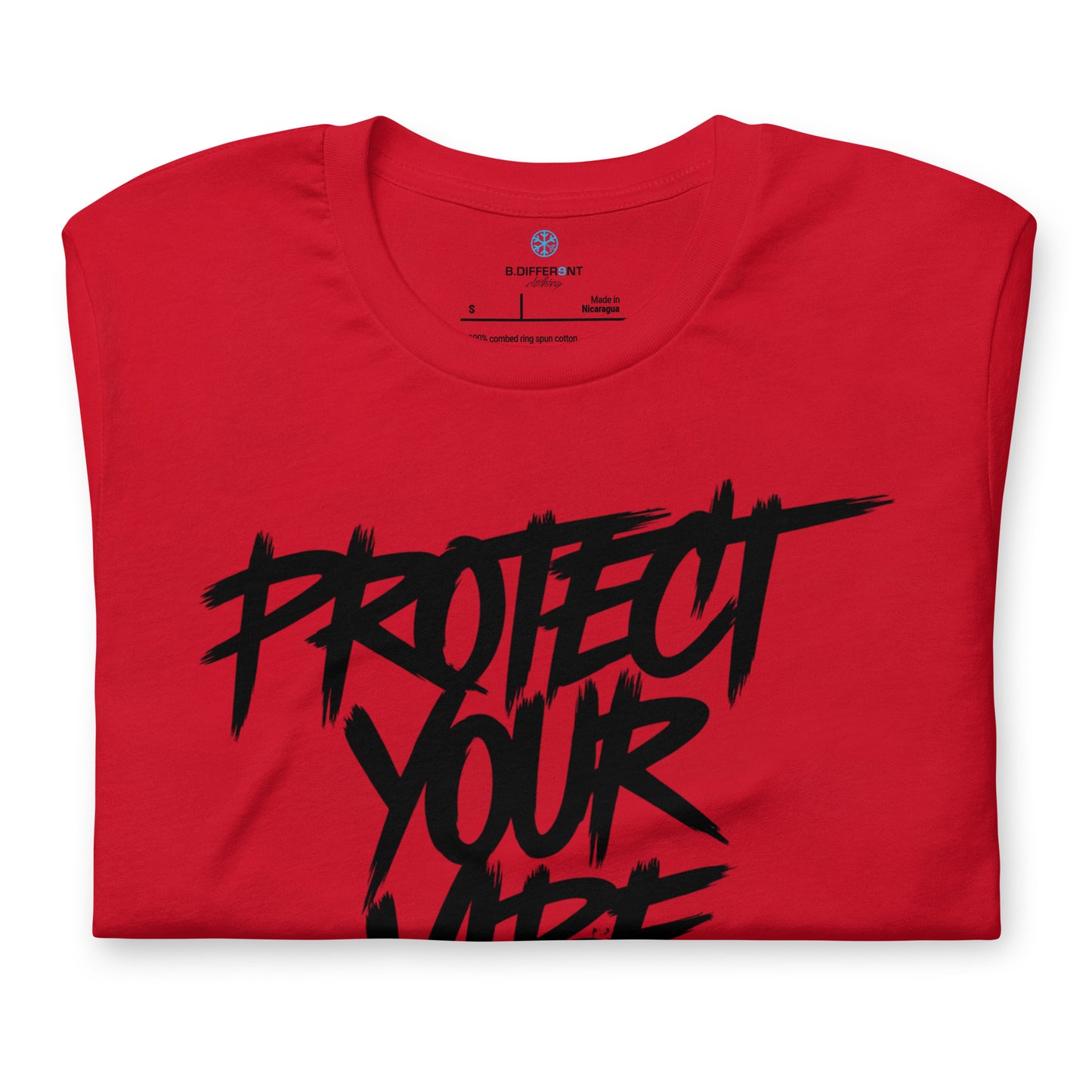 Red-Protect Your Vibe Graffiti Tag Tee from B.Different Clothing, folded, graffiti-inspired streetwear t-shirt
