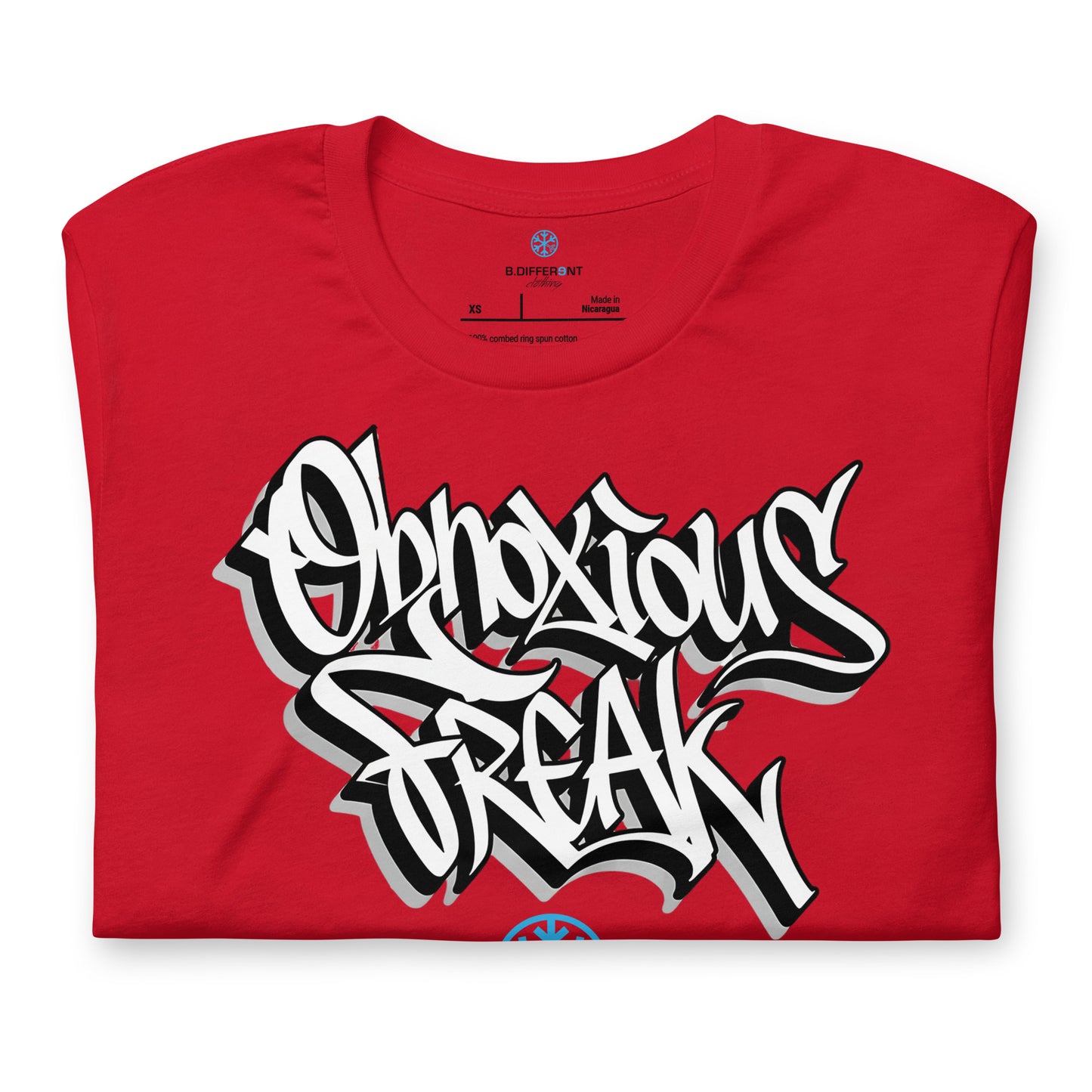 Red-Obnoxious Freak Graffiti Tee from B.Different Clothing, folded, graffiti-inspired streetwear t-shirt
