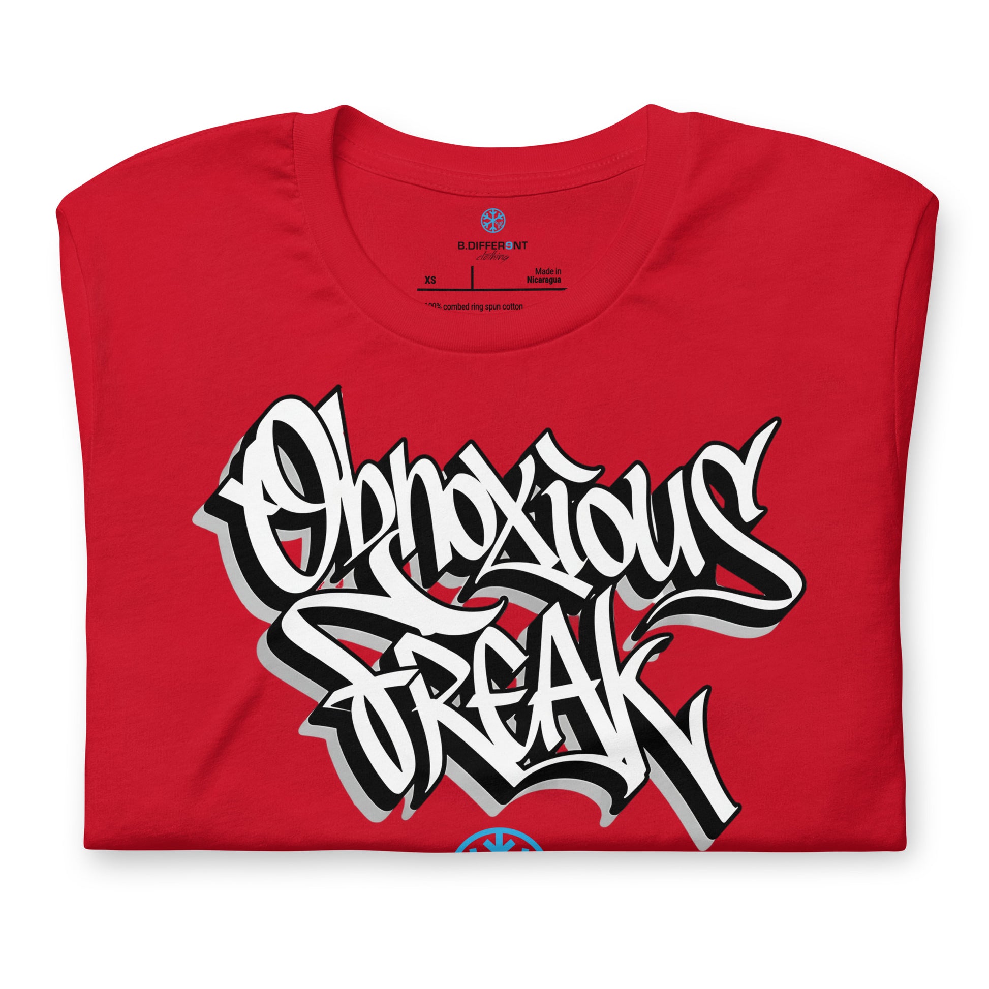 Red-Obnoxious Freak Graffiti Tee from B.Different Clothing, folded, graffiti-inspired streetwear t-shirt