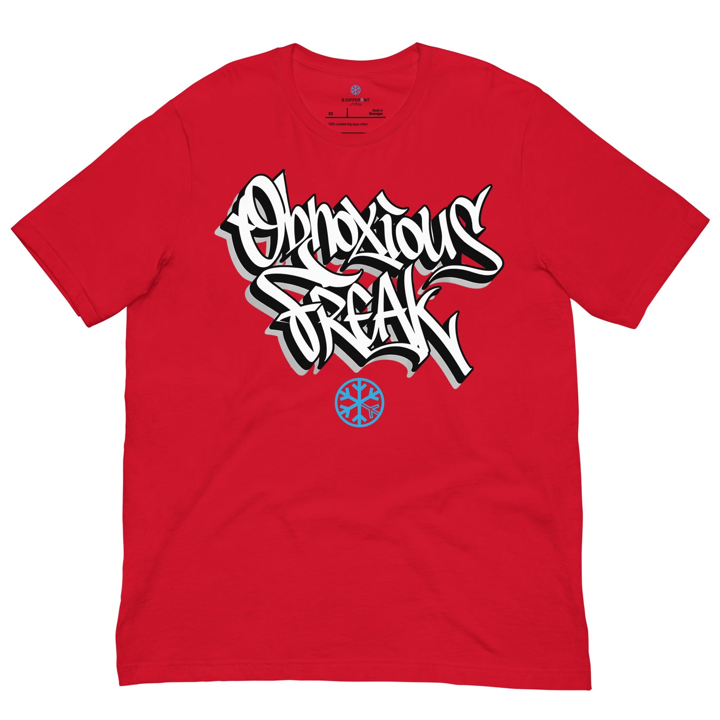 Red-Obnoxious Freak Graffiti Tee from B.Different Clothing, front view, graffiti-inspired streetwear t-shirt