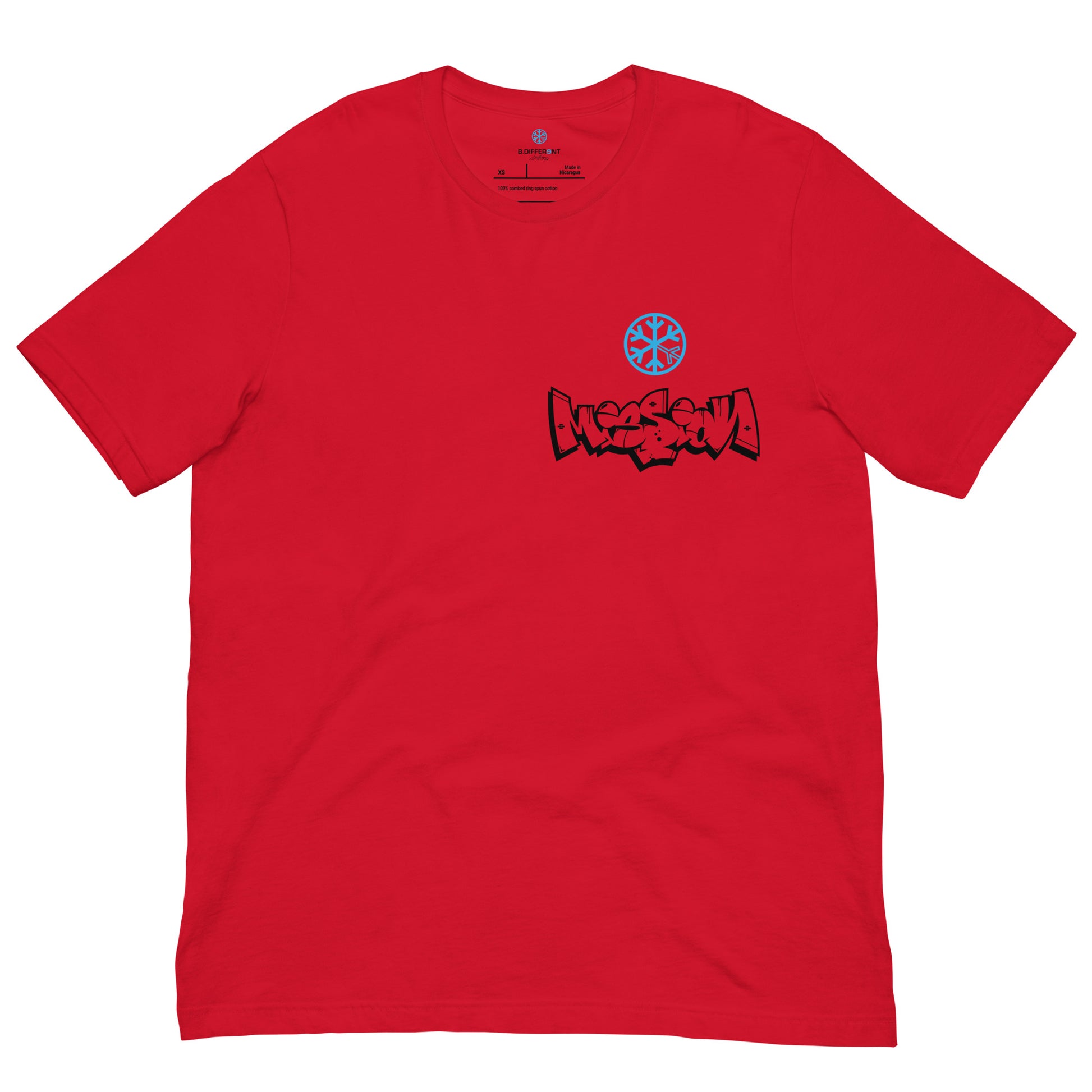 Red-Mission Graffiti Character Tee from B.Different Clothing, front view, graffiti-inspired streetwear t-shirt