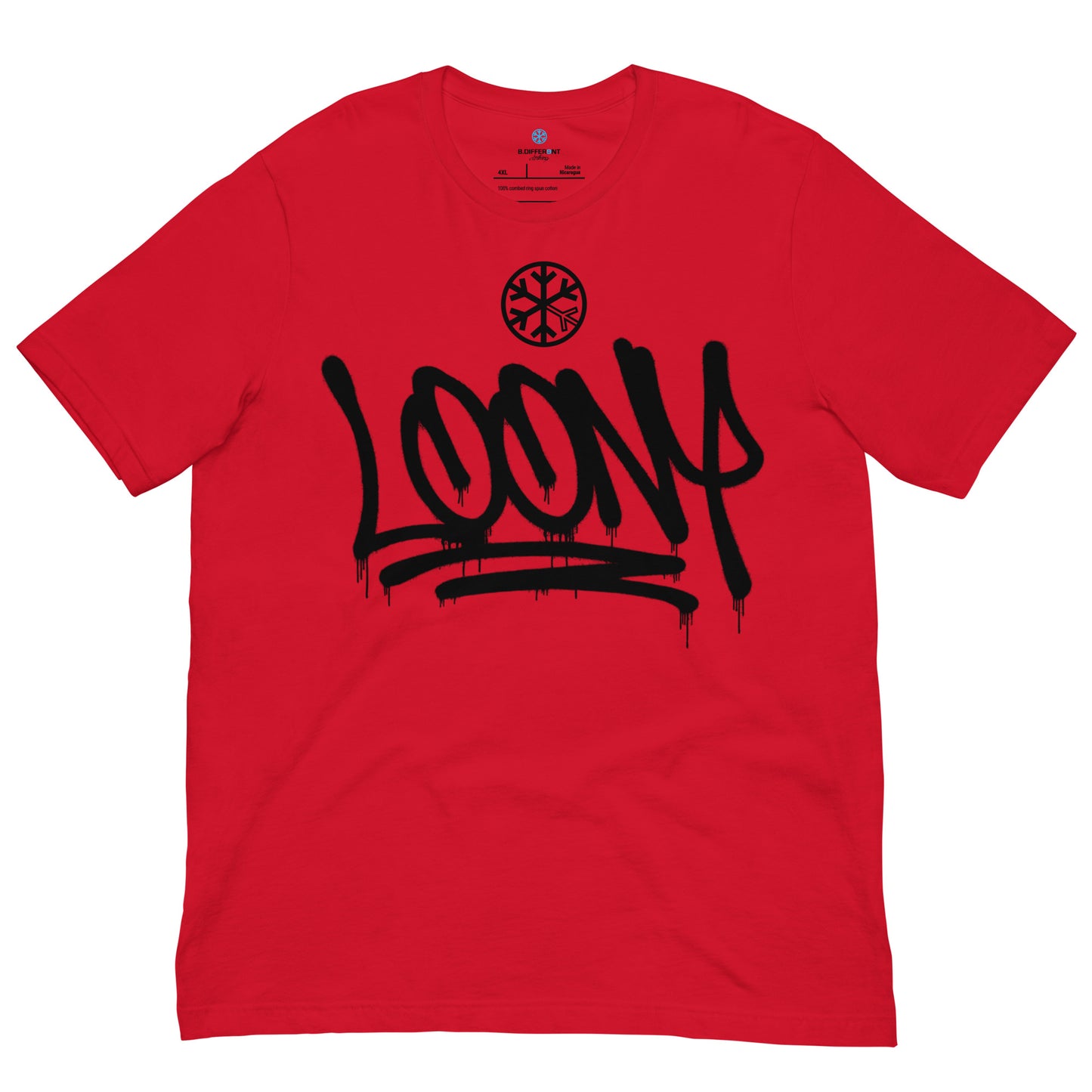 Red-Loony Graffiti Tag Tee from B.Different Clothing, front view, graffiti-inspired streetwear t-shirt
