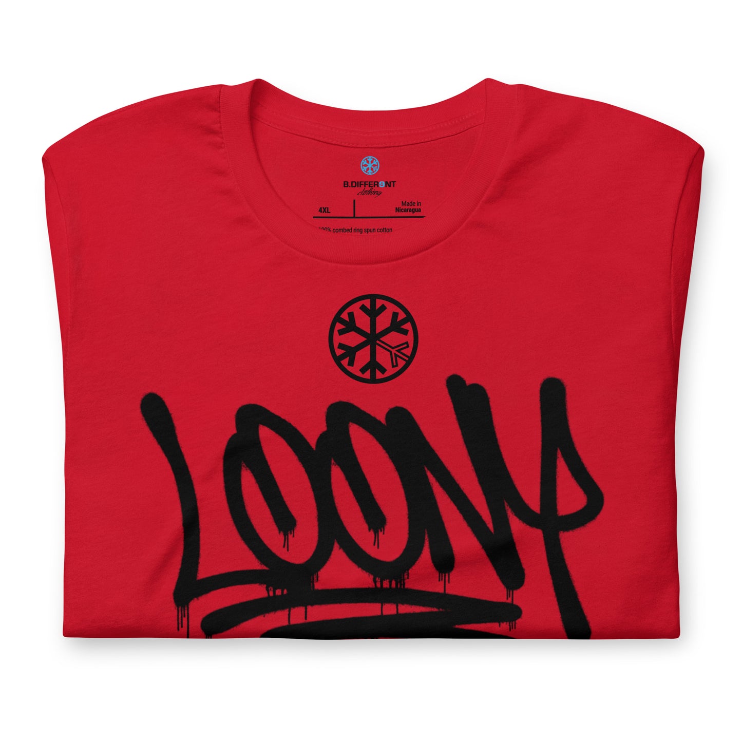 Red-Loony Graffiti Tag Tee from B.Different Clothing, folded, graffiti-inspired streetwear t-shirt