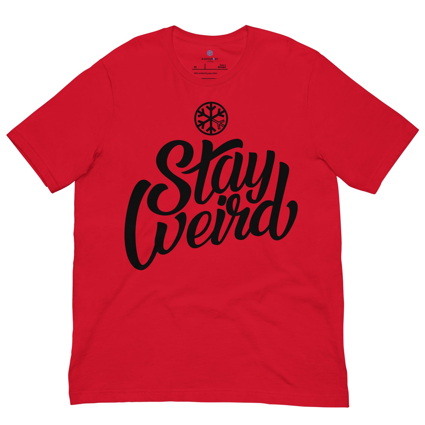 Red-Stay Weird Tee from B.Different Clothing, front view, graffiti-inspired streetwear t-shirt