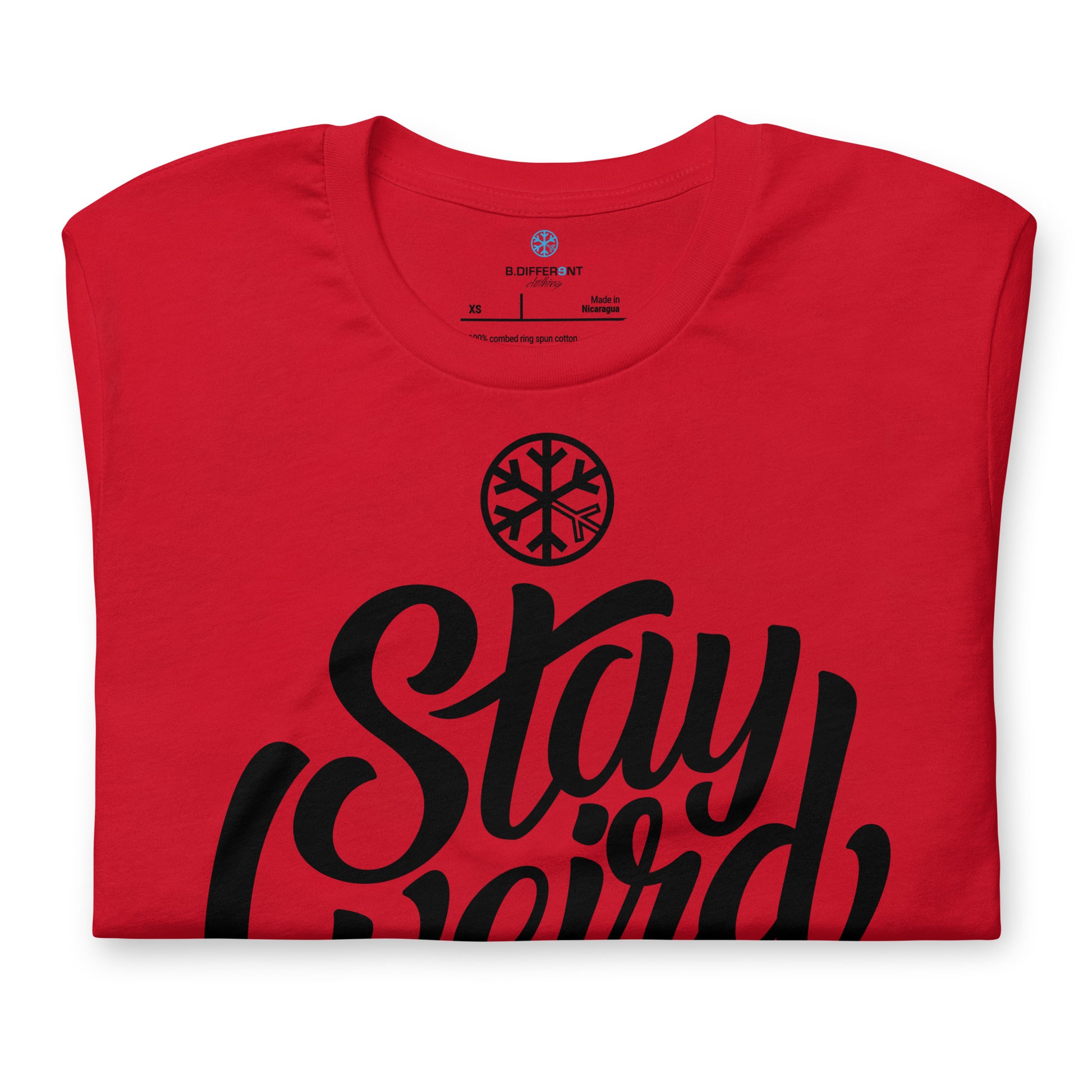 Red-Stay Weird Tee from B.Different Clothing, folded, graffiti-inspired streetwear t-shirt