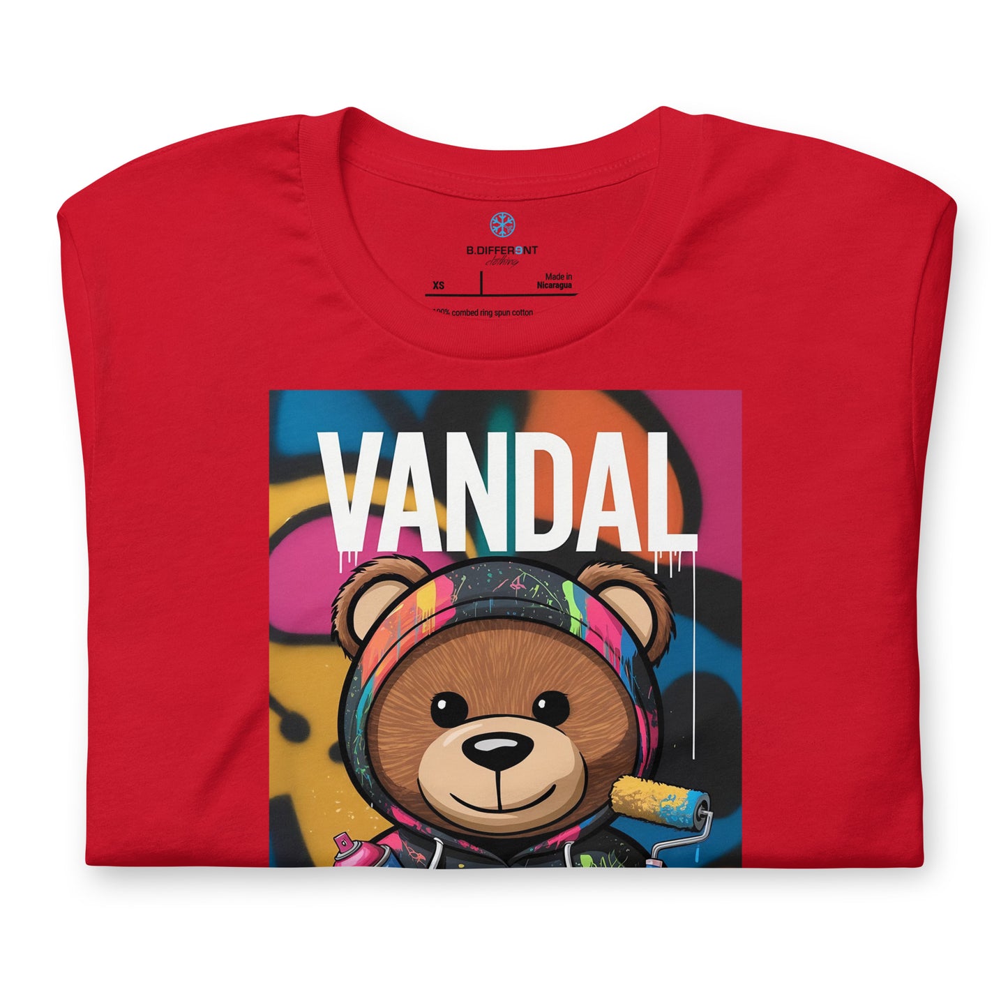 Red-Vandal Teddy Bear Graffiti Tee from B.Different Clothing, folded, graffiti-inspired streetwear