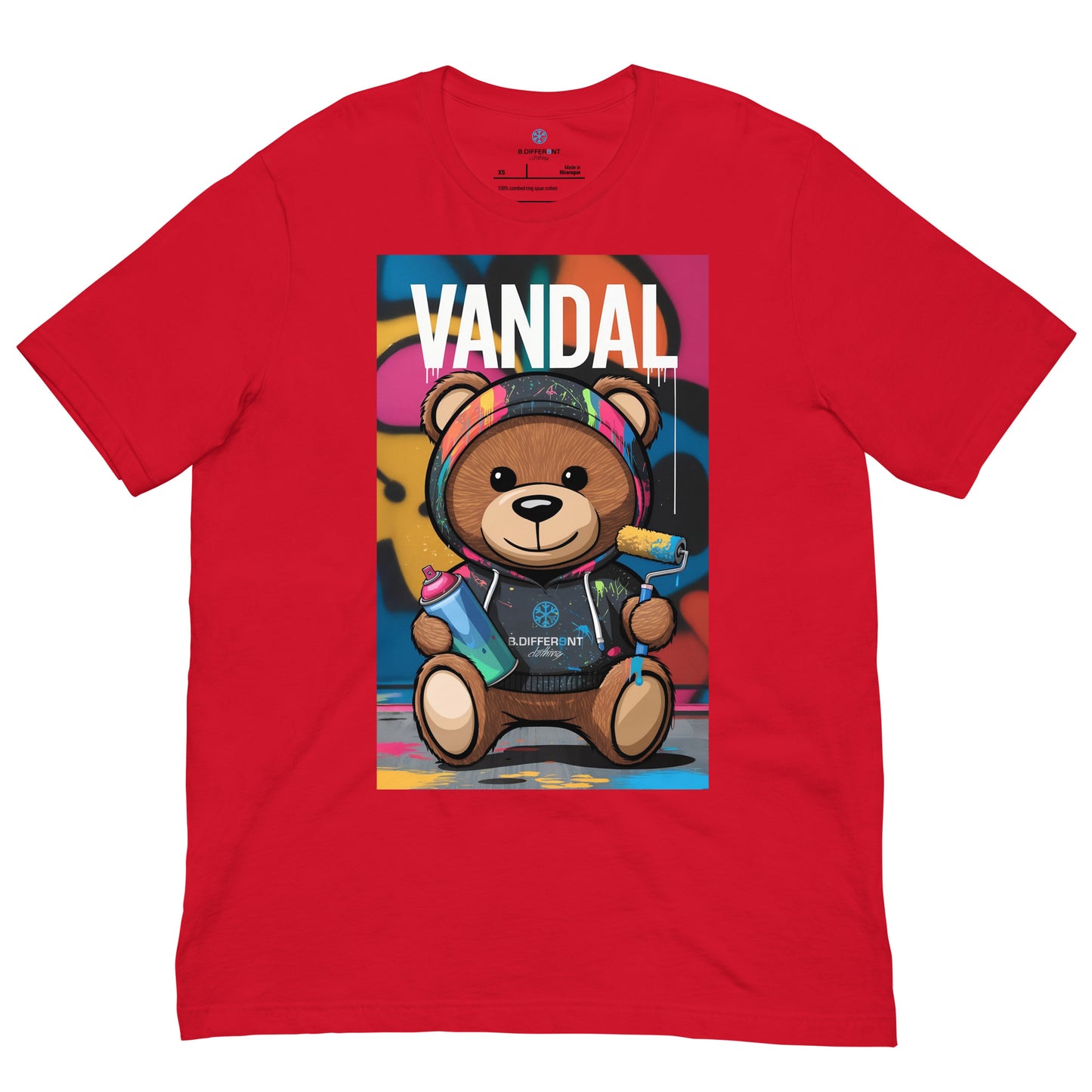 Red-Vandal Teddy Bear Graffiti Tee from B.Different Clothing, front view, graffiti-inspired streetwear