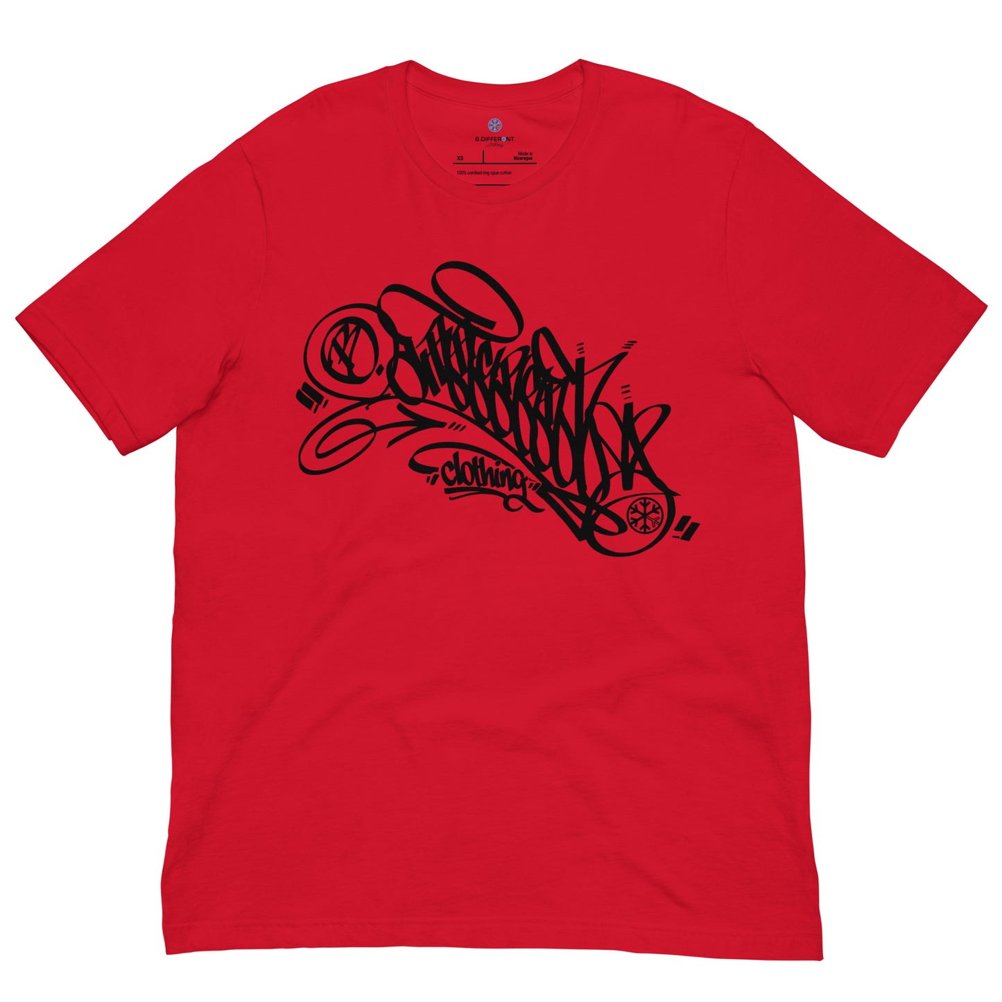 Red-B.Different Clothing Graffiti Tag Tee from B.Different Clothing, front view, graffiti-inspired streetwear t-shirt