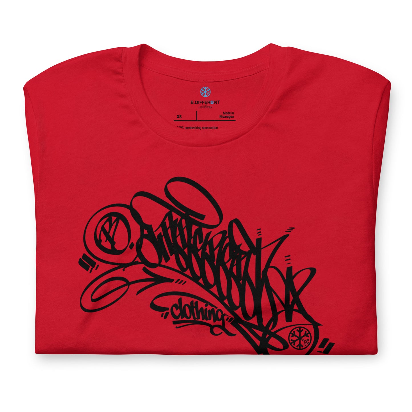 Red-B.Different Clothing Graffiti Tag Tee from B.Different Clothing, folded, graffiti-inspired streetwear t-shirt