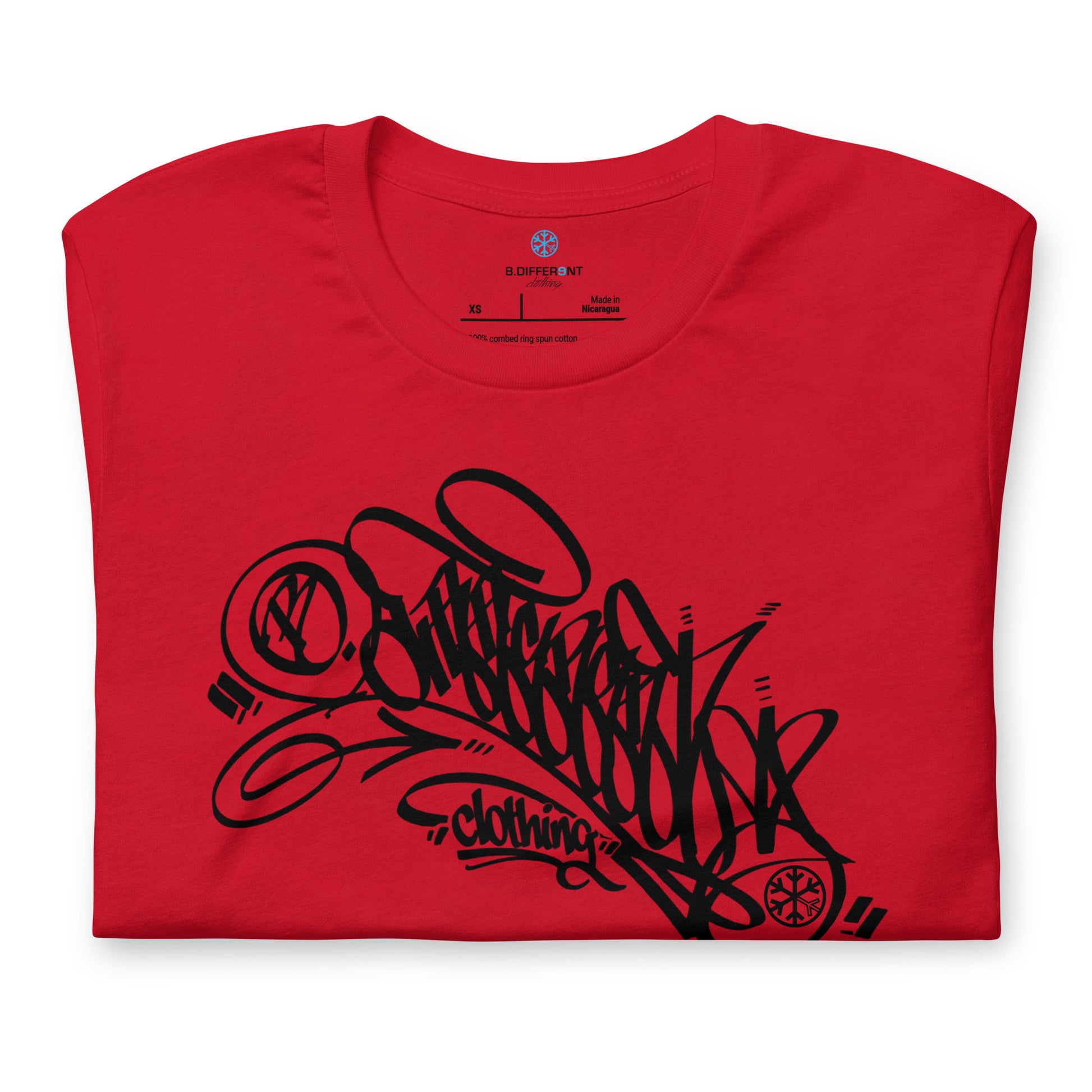 Red-B.Different Clothing Graffiti Tag Tee from B.Different Clothing, folded, graffiti-inspired streetwear t-shirt