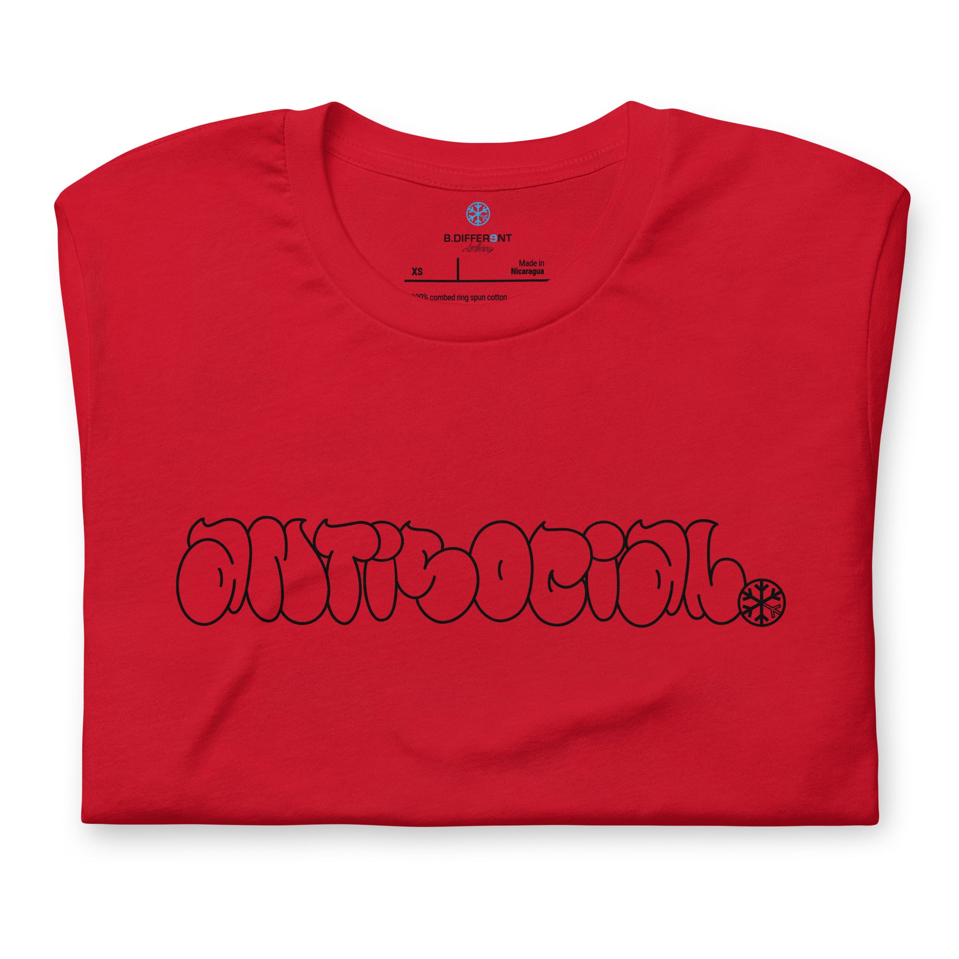 Red-Antisocial Graffiti Hollow Tee from B.Different Clothing, folded, graffiti-inspired streetwear t-shirt