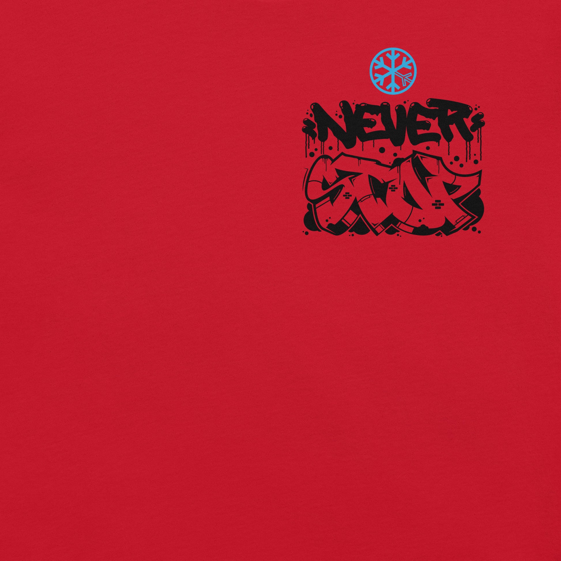 Red-Never Stop Graffiti Character Tee from B.Different Clothing, front graphic, graffiti-inspired streetwear t-shirt