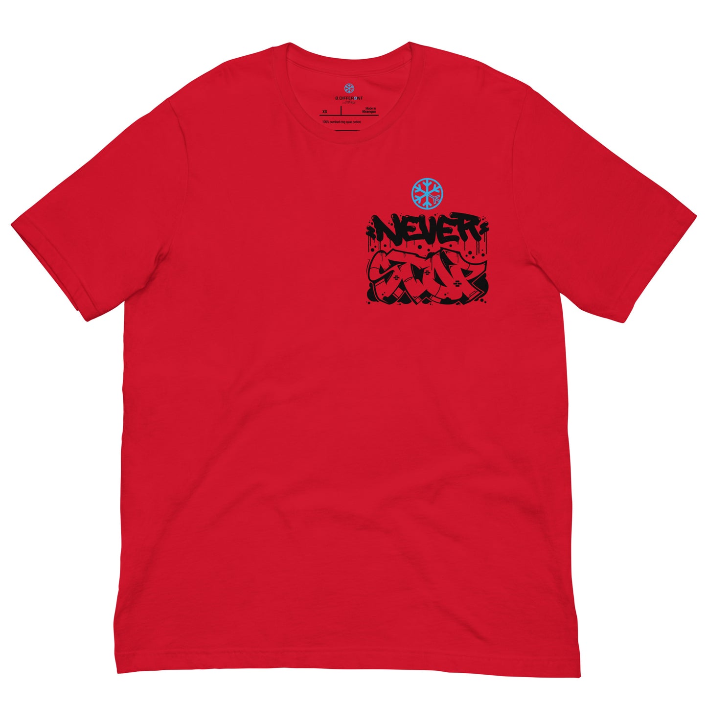 Red-Never Stop Graffiti Character Tee from B.Different Clothing, front view, graffiti-inspired streetwear t-shirt