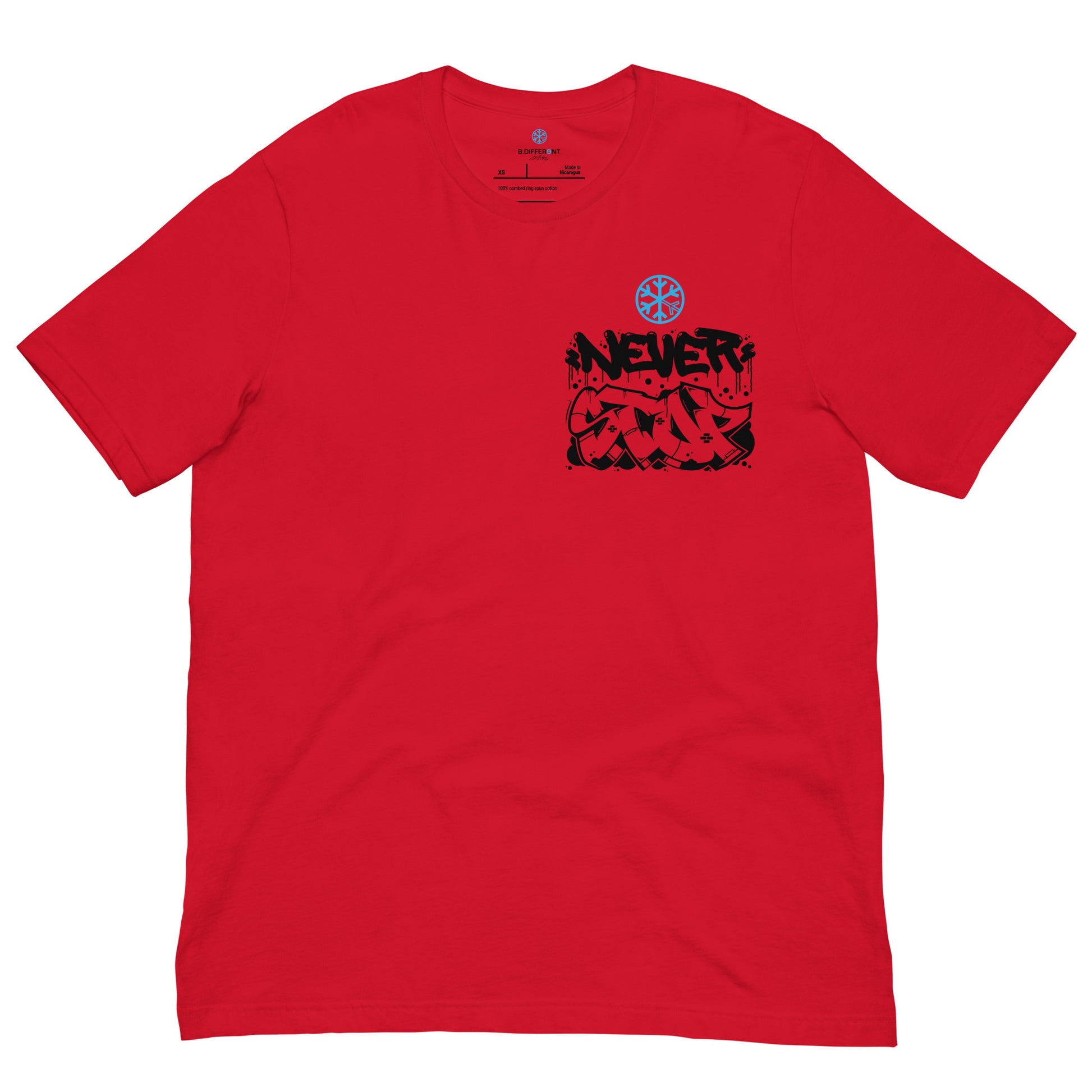 Red-Never Stop Graffiti Character Tee from B.Different Clothing, front view, graffiti-inspired streetwear t-shirt