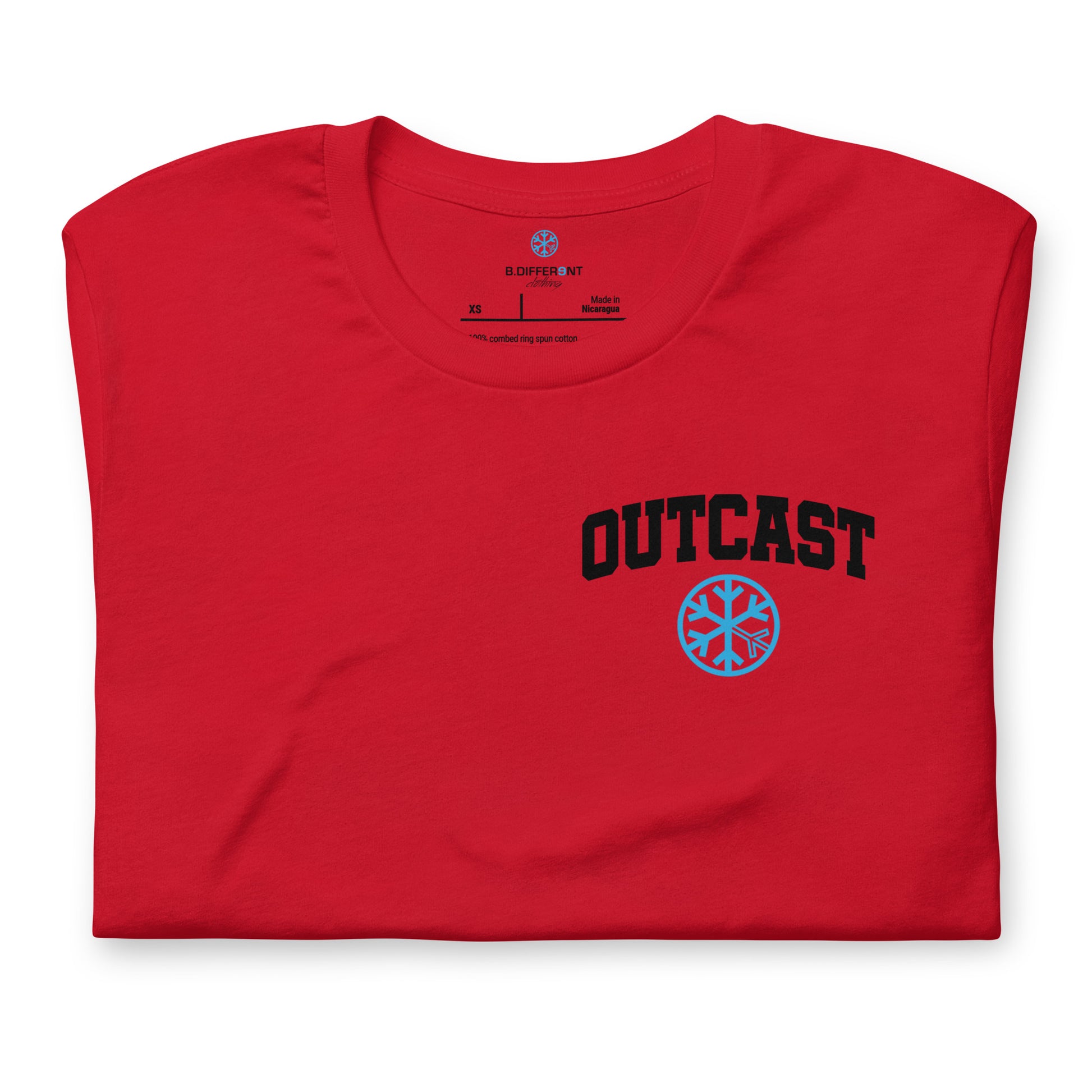 Red-Outcast Graffiti Character Tee from B.Different Clothing, folded, graffiti-inspired streetwear t-shirt
