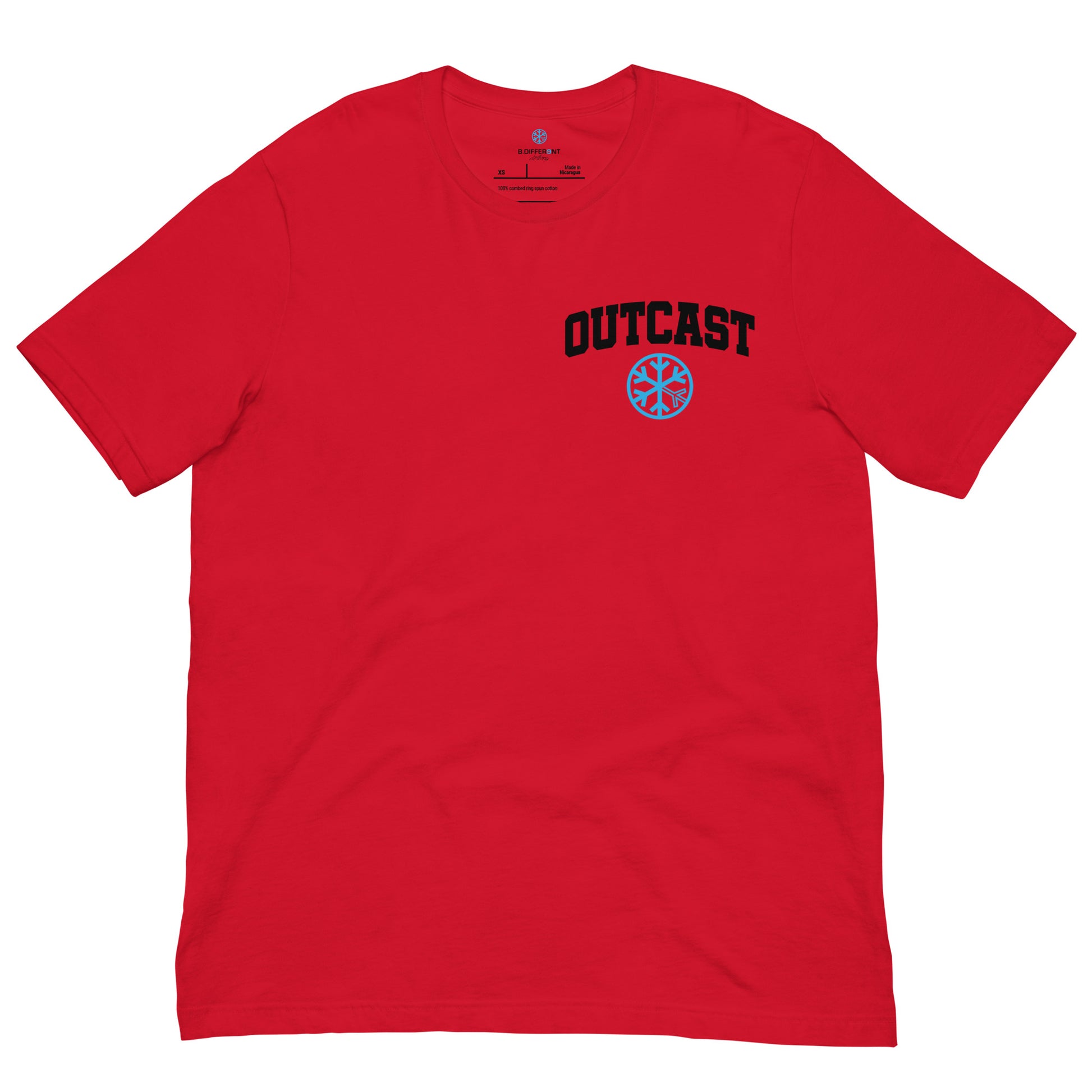 Red-Outcast Graffiti Character Tee from B.Different Clothing, front view, graffiti-inspired streetwear t-shirt