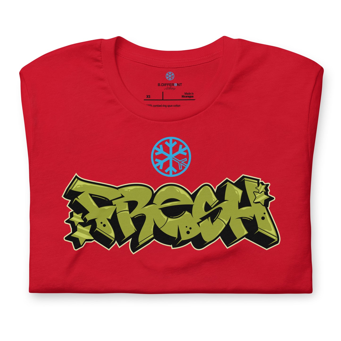 Red-Fresh Graffiti Piece Tee from B.Different Clothing, folded, graffiti-inspired streetwear t-shirt