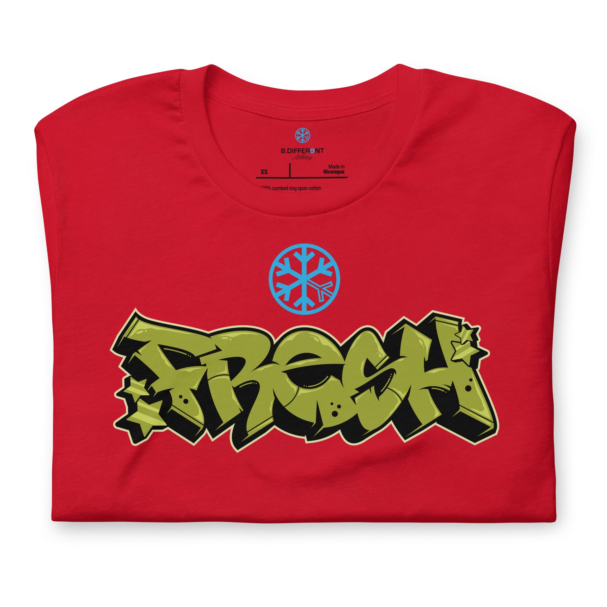 Red-Fresh Graffiti Piece Tee from B.Different Clothing, folded, graffiti-inspired streetwear t-shirt