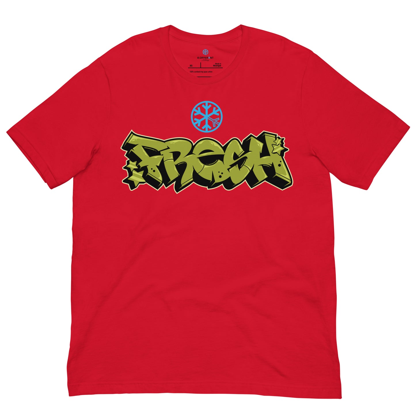 Red-Fresh Graffiti Piece Tee from B.Different Clothing, front view, graffiti-inspired streetwear t-shirt
