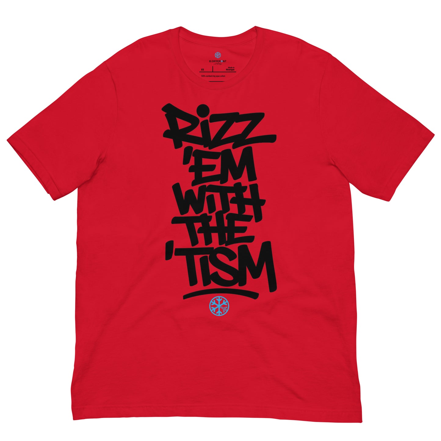 Red-Rizz 'Em With The 'Tism Graffiti Tee from B.Different Clothing, front view, graffiti-inspired streetwear t-shirt